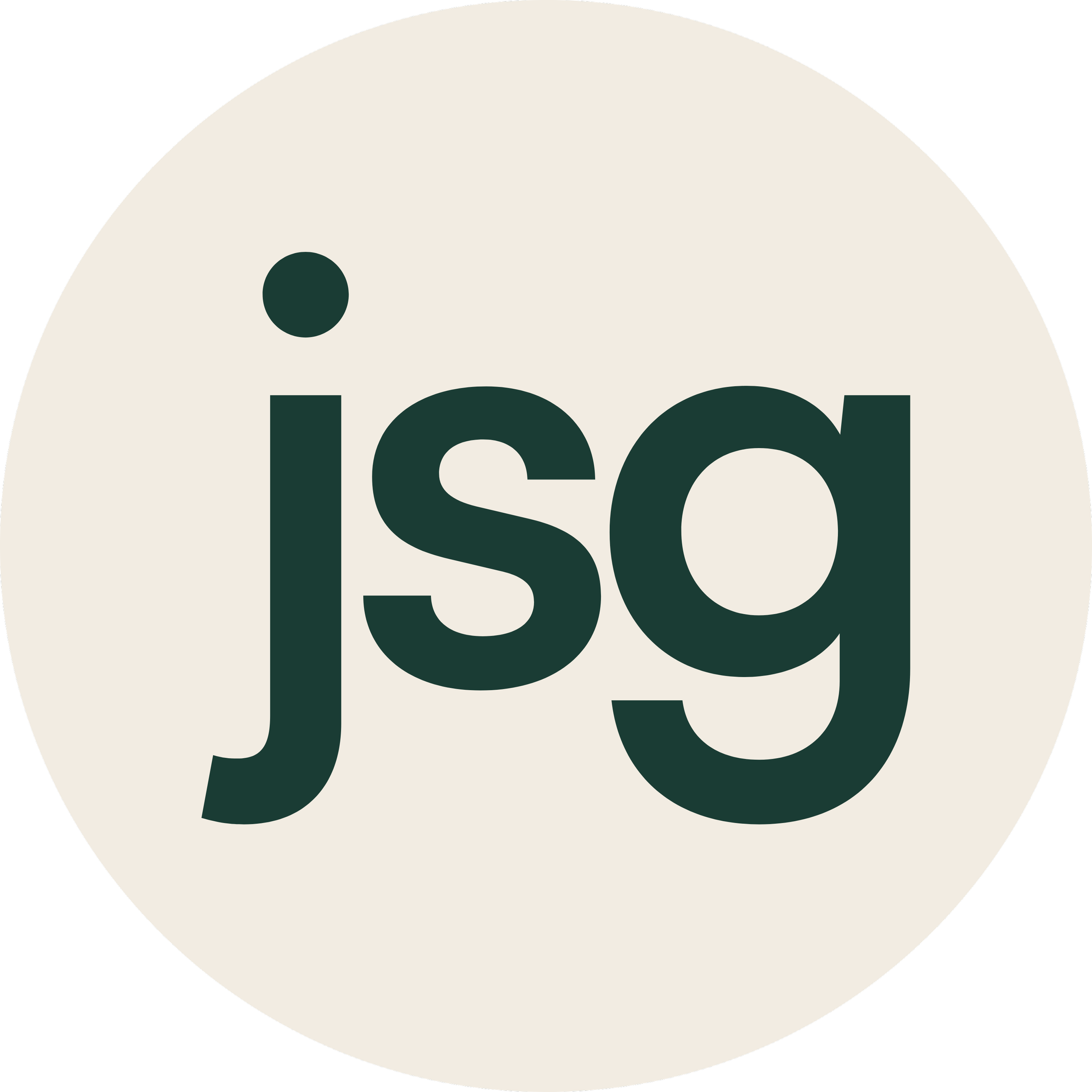 The Justin Scott Group Icon logo, showing the the letters 'jsg' in a deep forrest green font on parchment-colored circular background.