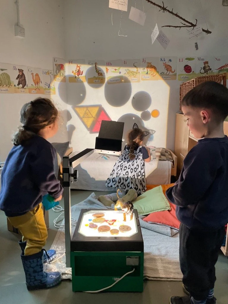 Children in a dark room playing with an illuminated light table that has various circular objects and a small animal, possibly a cat, on it. A wall with alphabet and animal illustrations is visible in the background.