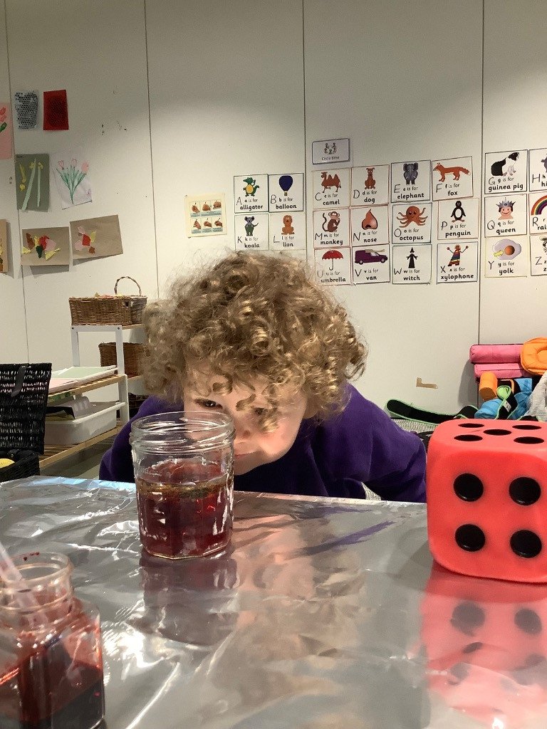 Child with curly hair leaning over a table with a jar of red liquid, a large red die, and a small jar of red liquid. Behind, a wall with educational animal alphabet posters and artwork.