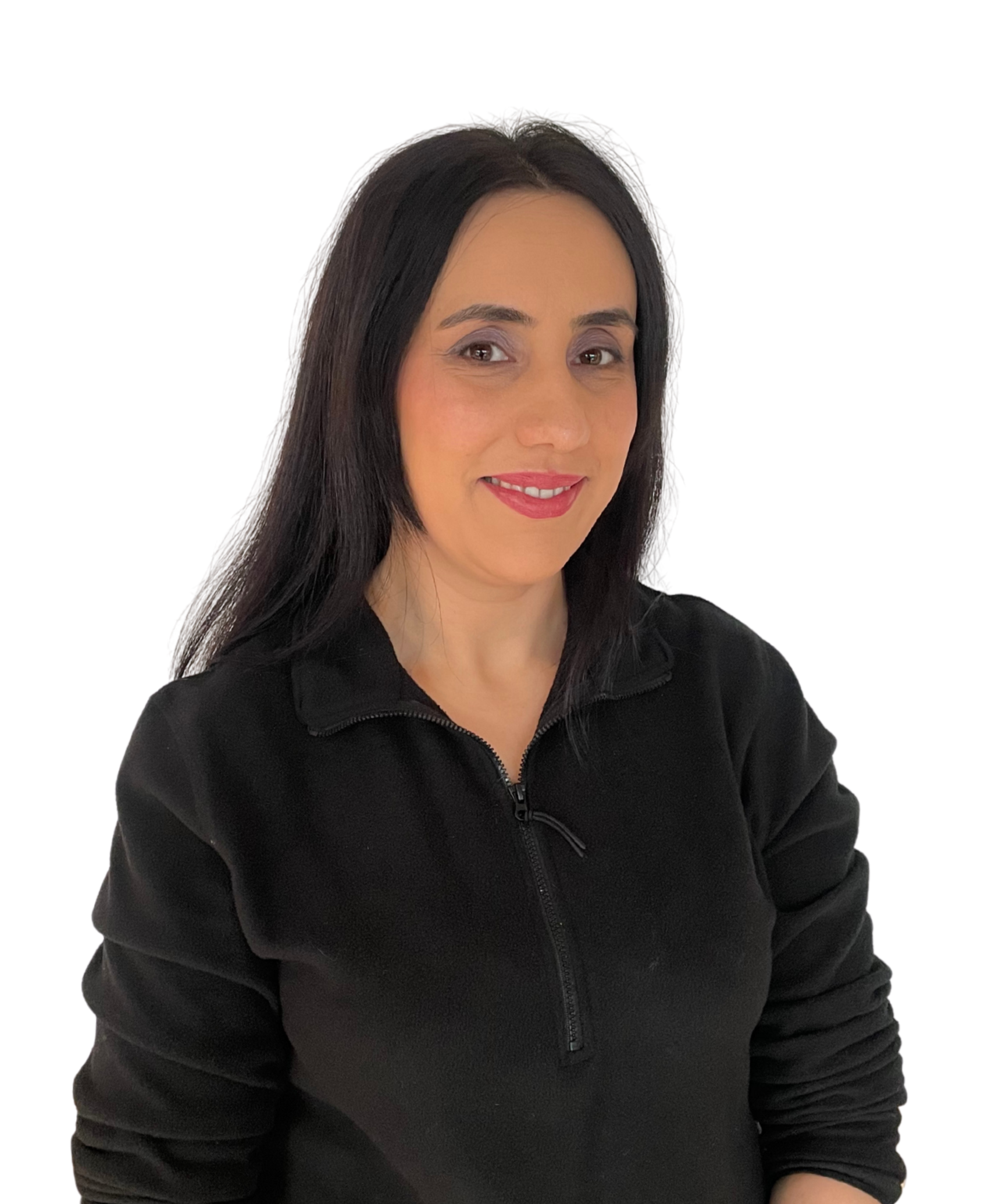 A woman with dark hair and light skin smiling, wearing a black zip-up jacket.