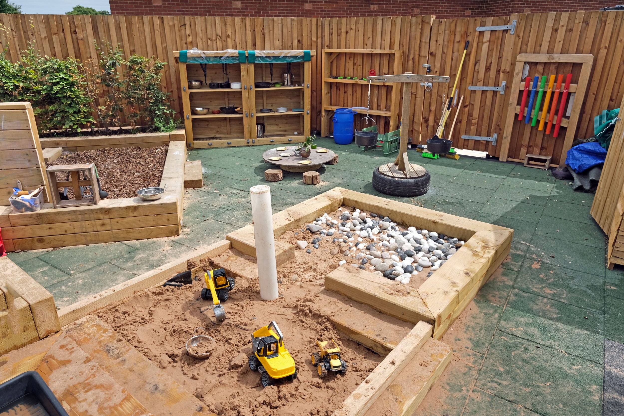 Children's outdoor play area with sandbox, wooden raised beds, and play equipment such as a tire swing, a round wooden table with logs around it, and colorful pipes on a wooden wall. Various gardening tools, toys, and containers are also visible.