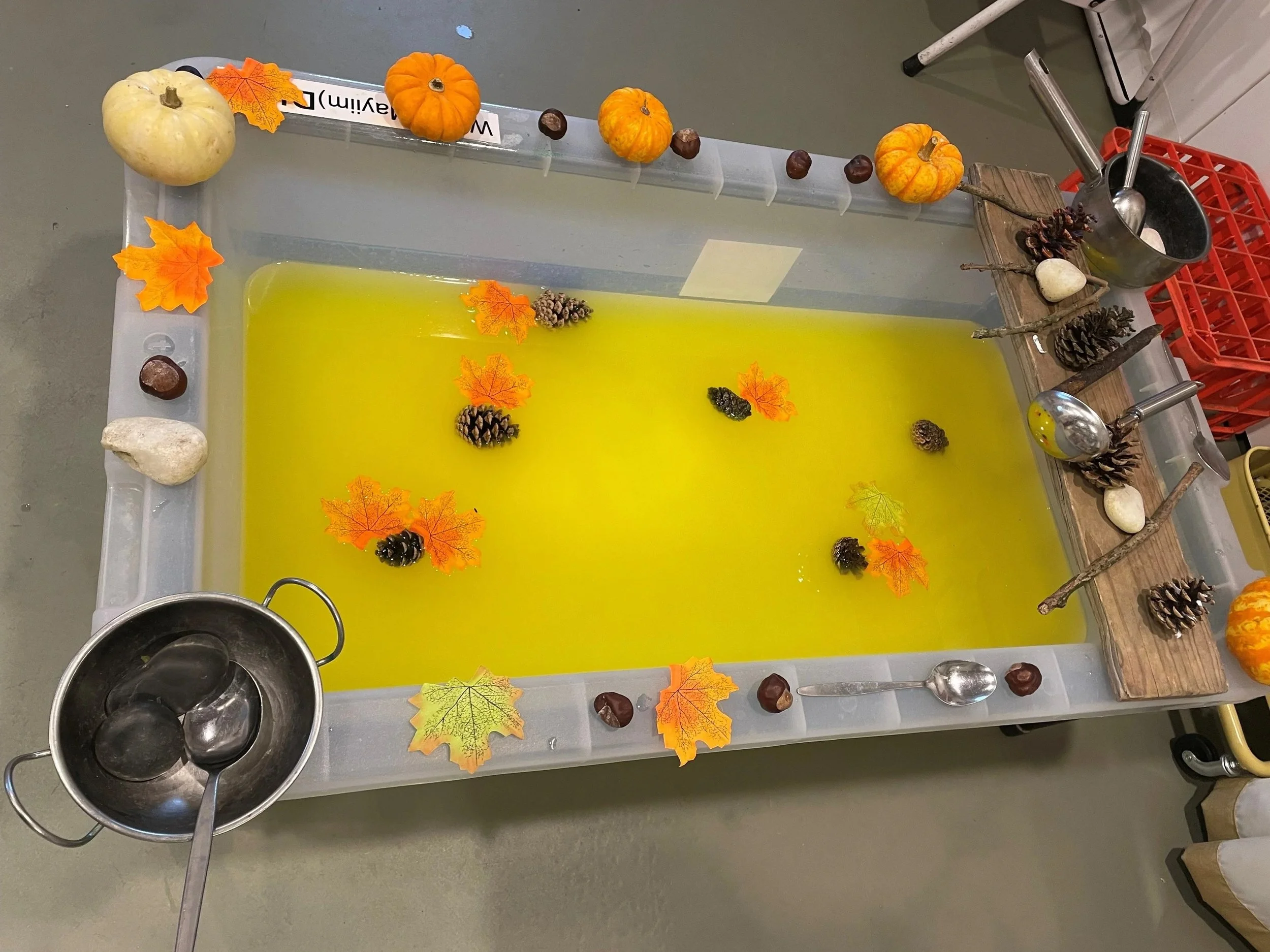 A sensory autumn-themed display with a shallow water table filled with yellow liquid, decorated with small pumpkins, autumn leaves, pinecones, and chestnuts around the edges. Water play. Nursery classroom for 2 year olds and 3 year olds. finchely. 