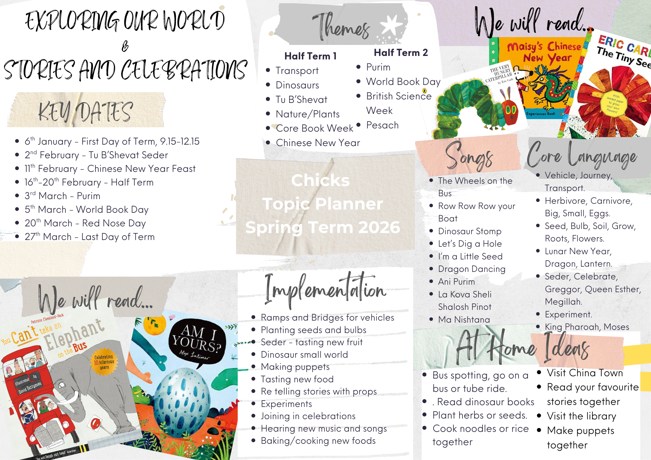 A colorful classroom poster titled "Chicks Topic Planner Spring Term 2026". It includes sections with key dates, themes for half terms, songs, core language, implementation ideas, books to read, and home ideas for a Spring term curriculum on exploring the world, stories, and celebrations.