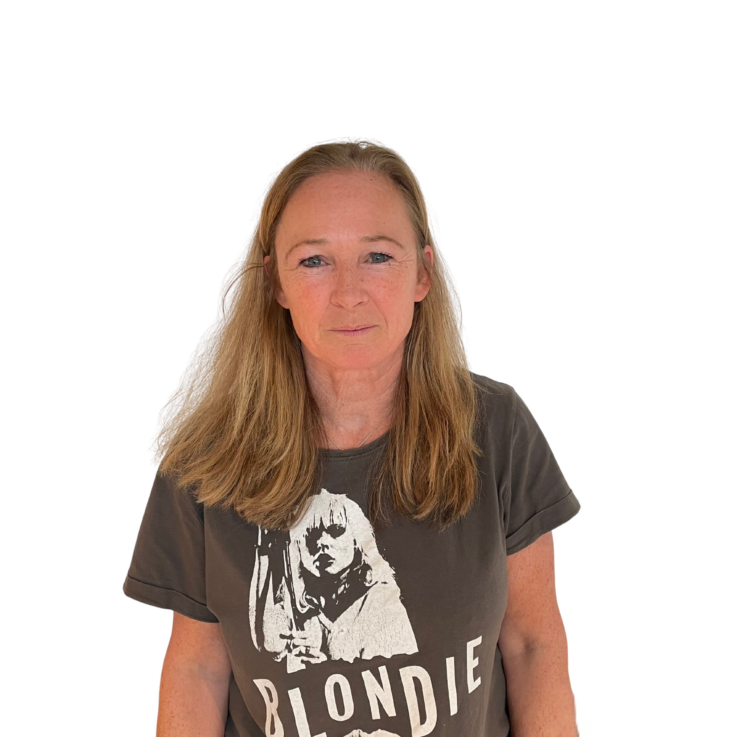 A woman with long blonde hair wearing a black T-shirt with a Blondie band graphic and text.