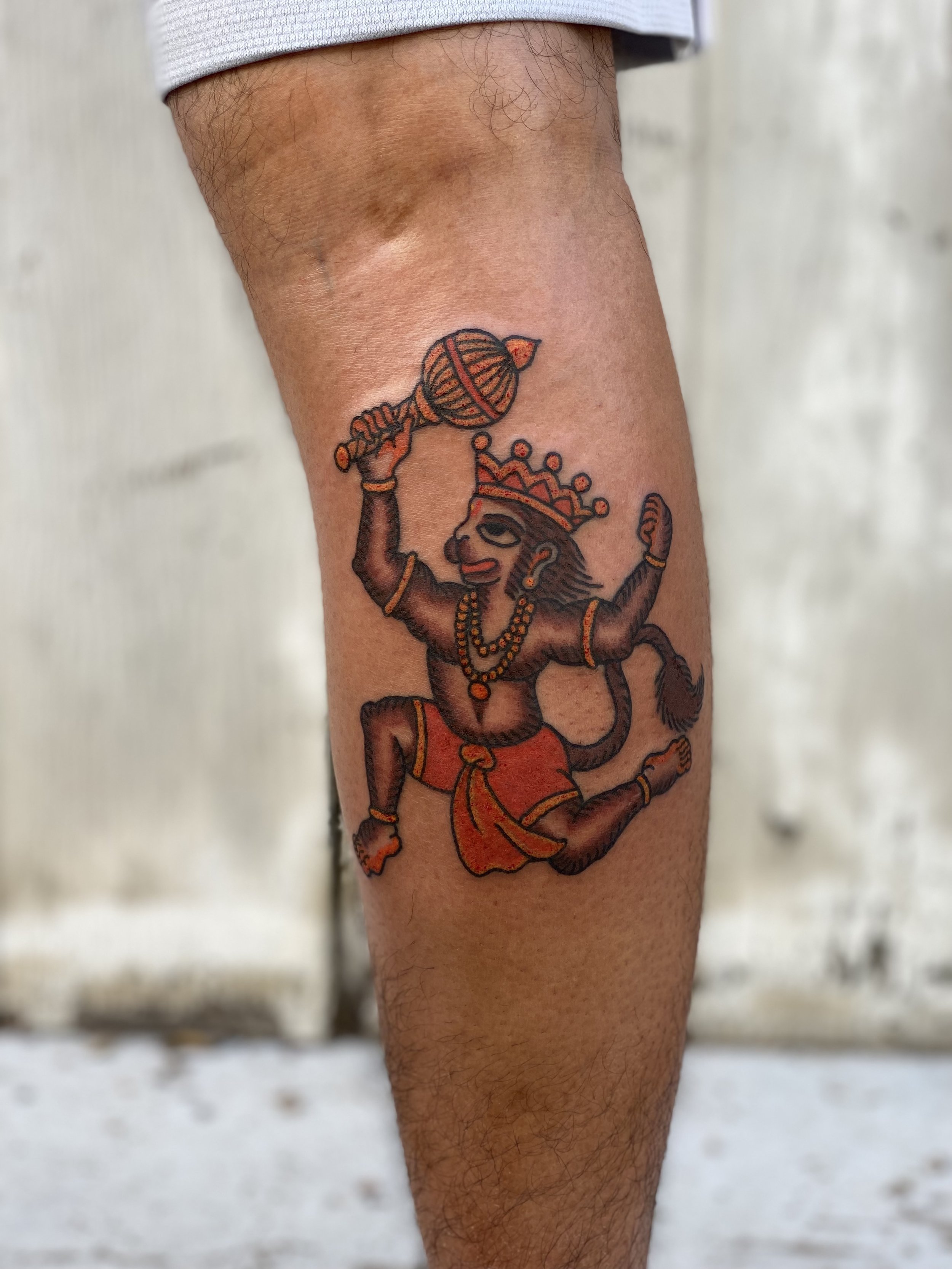 Jonas Richards, @jonasrichardstattoo Traditional Style Hindu Monkey Tattoo on the calf done at Dame of the West Tattoo in Scottsdale, Arizona.