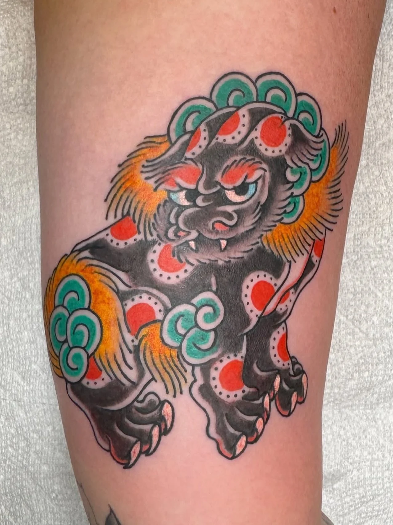 Japanese Traditional Foo Dog, a guardian done in bold color by @landonecktattoo 

𖤓

To book your piece or project, contact directly

𖤓

#japanesetraditionaltattoo #foodogtattoo #dameofthewesttattoo #desertirezumi