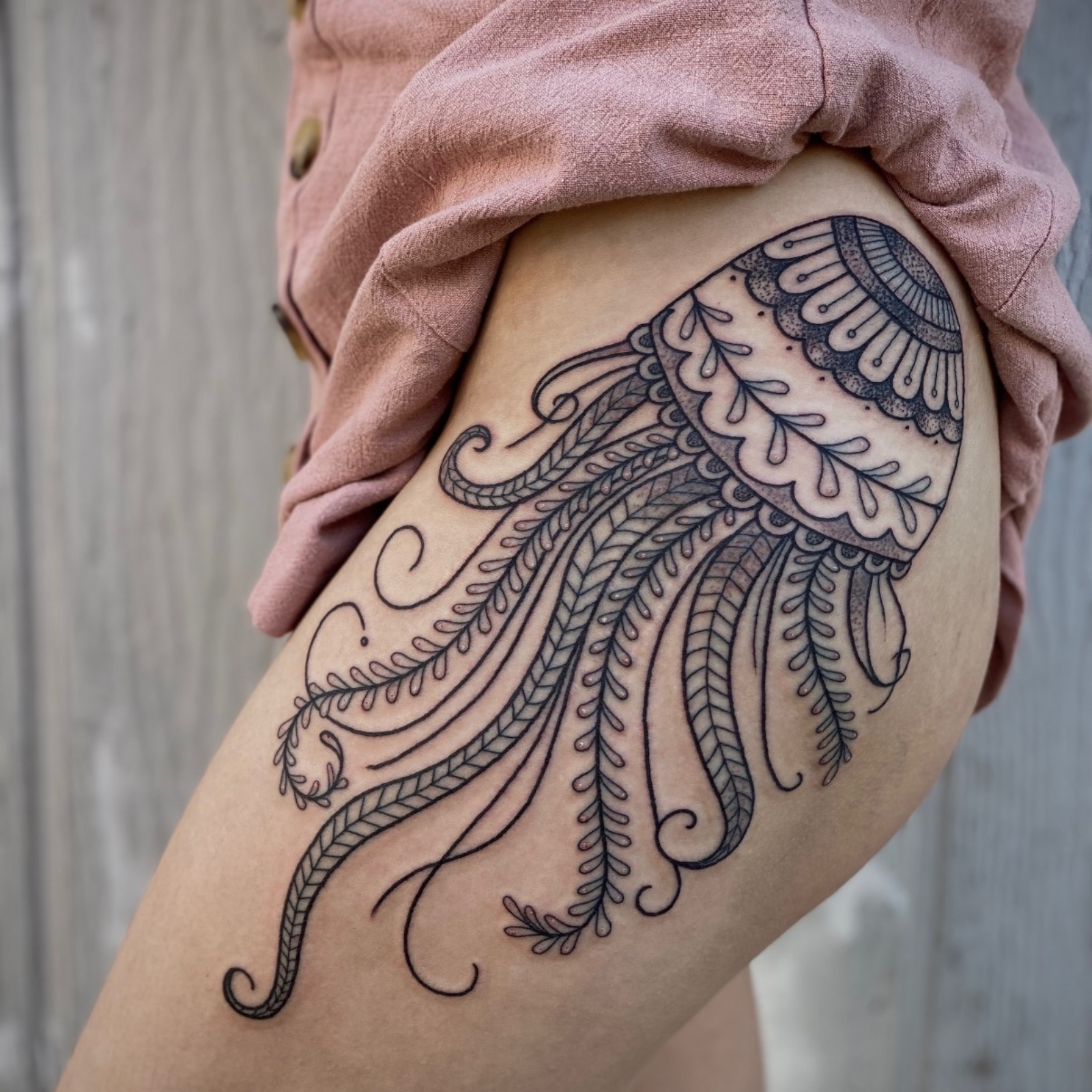Dame of the West Tattoo Artist Leg Tattoo