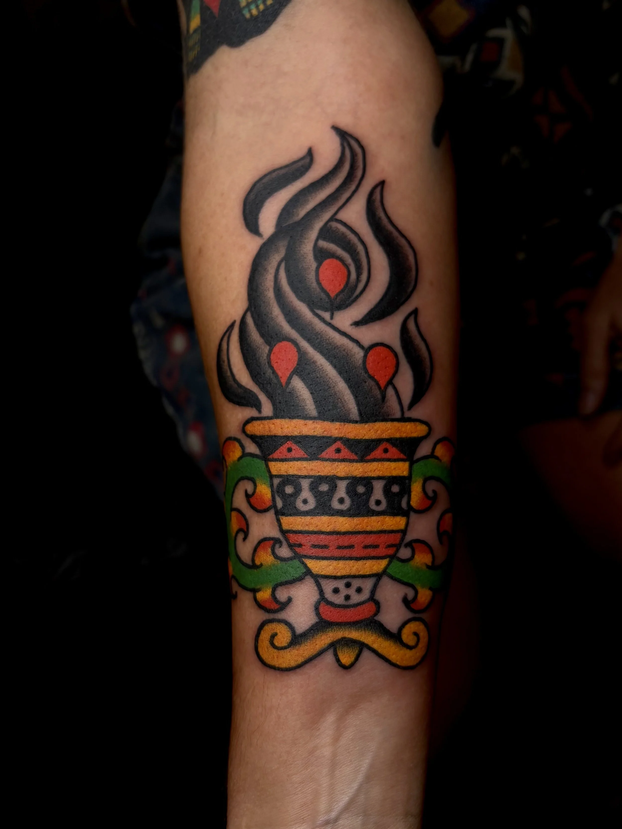 Jonas Richards, @jonasrichardstattoo Traditional Style Tattoo on the forearm done at Dame of the West Tattoo in Scottsdale, Arizona.