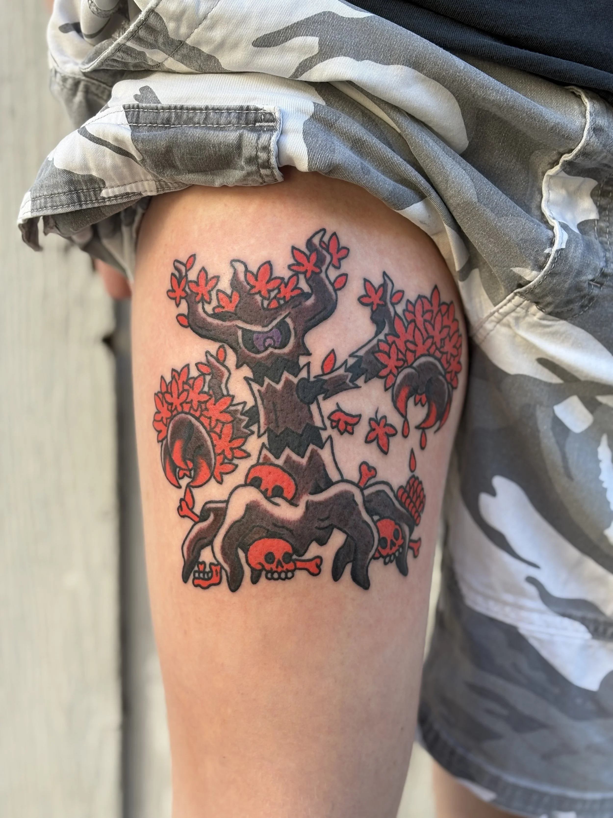 Jonas Richards, @jonasrichardstattoo Traditional Japanese Style Pokémon Character Tattoo on the thigh done at Dame of the West Tattoo in Scottsdale, Arizona.