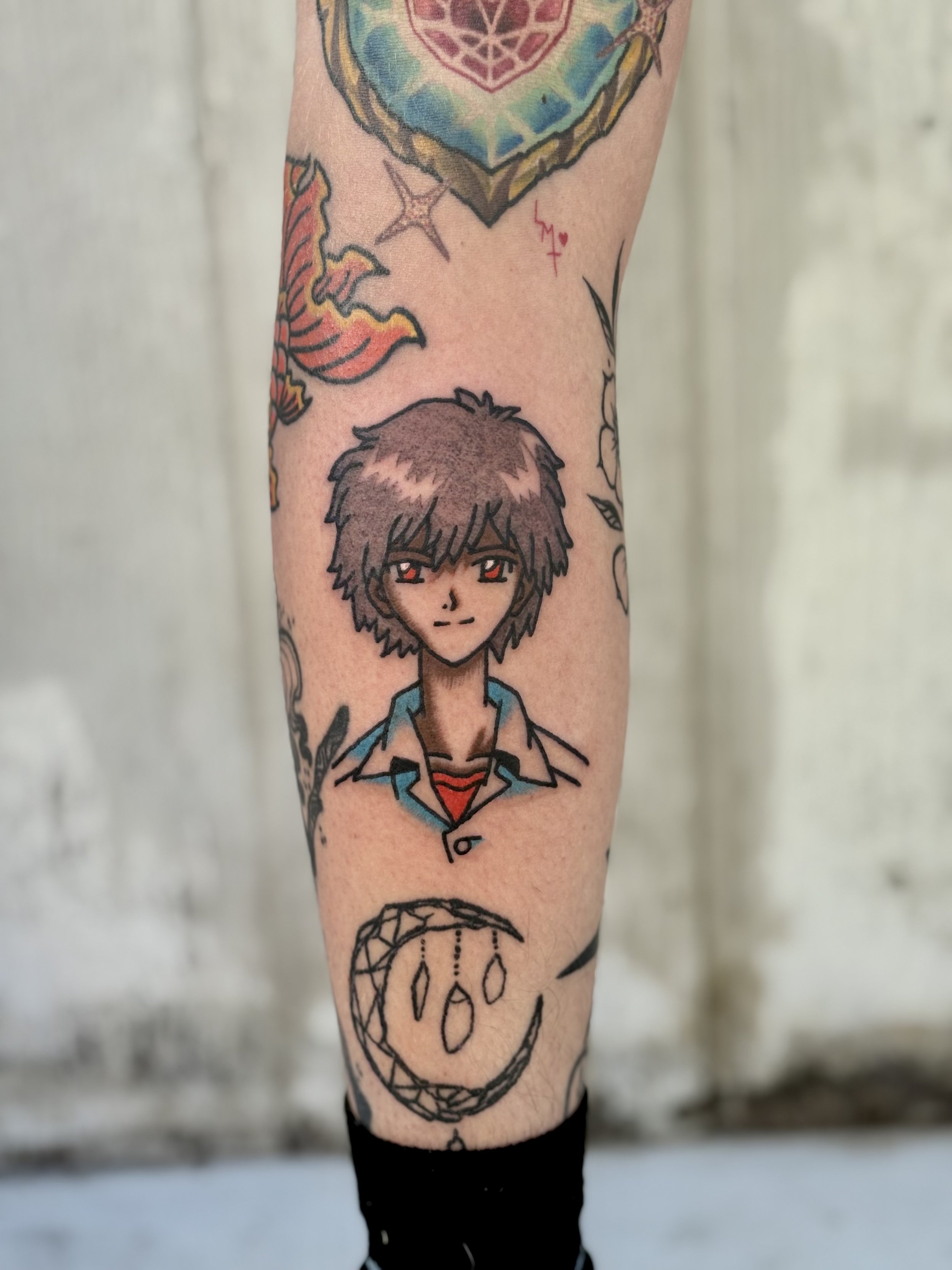 Jonas Richards, @jonasrichardstattoo Traditional Style Anime Character Tattoo on the calf done at Dame of the West Tattoo in Scottsdale, Arizona.