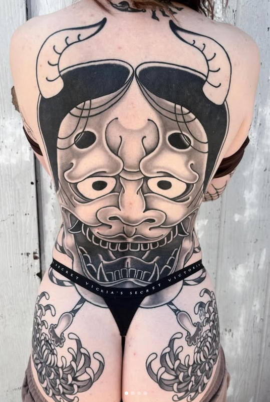 Chris Naderer Traditional Japanese Black and Gray cartoon Hanya Mask full back tattoo tattooed at Dame of the West Tattoo in Scottsdale, Arizona