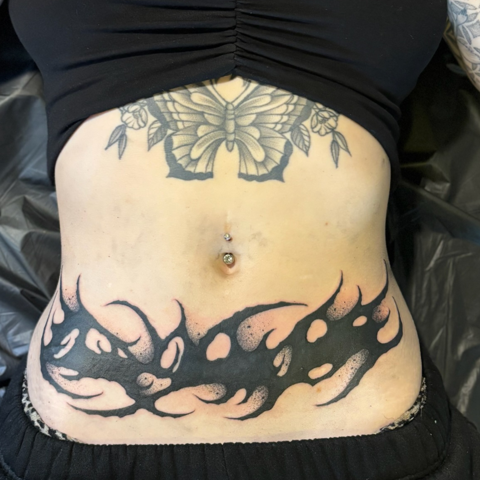 Blackwork Stomach Tattoo Cover Up