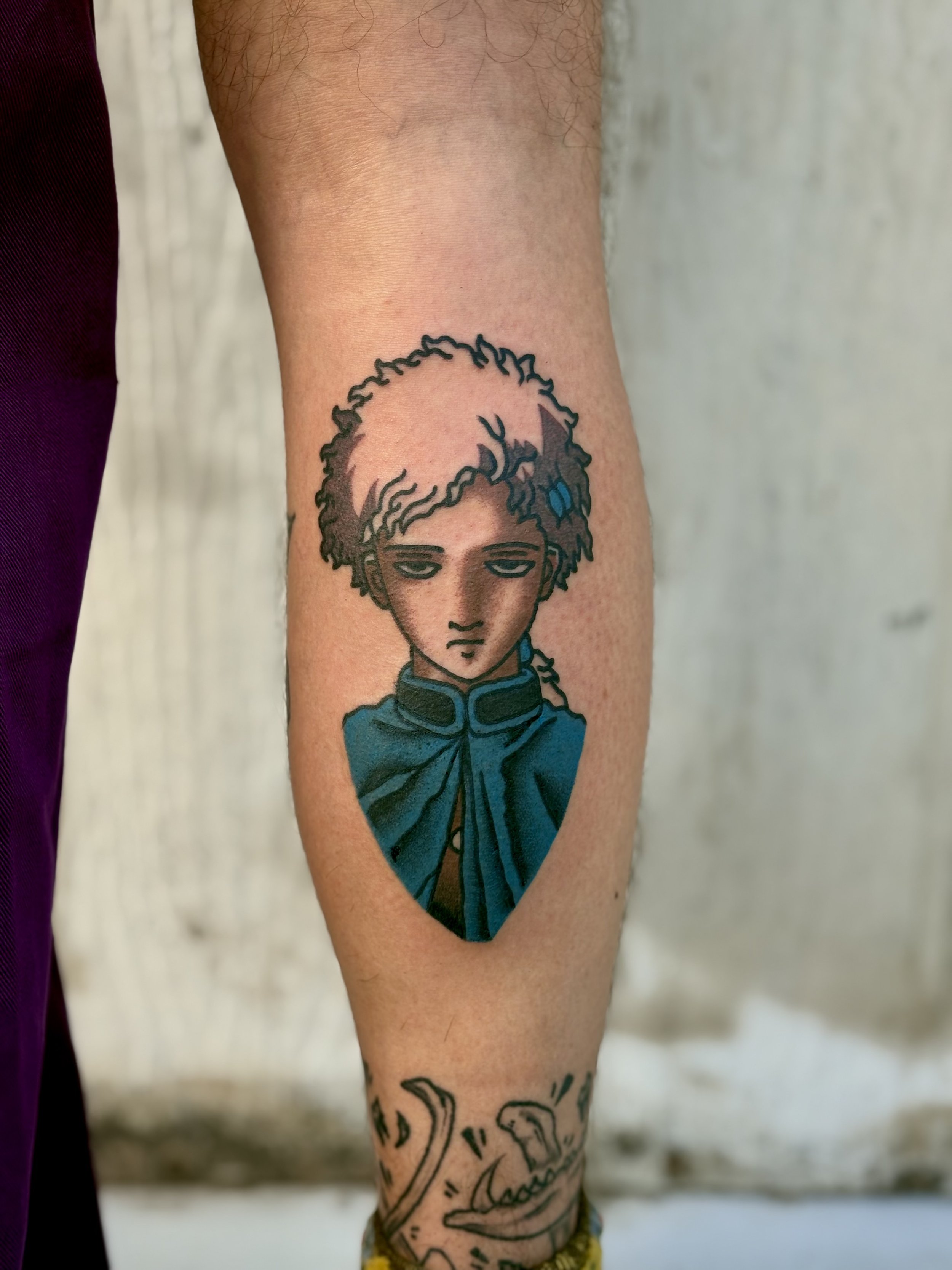 Jonas Richards, @jonasrichardstattoo Traditional Style Anime Character Tattoo on the calf done at Dame of the West Tattoo in Scottsdale, Arizona.