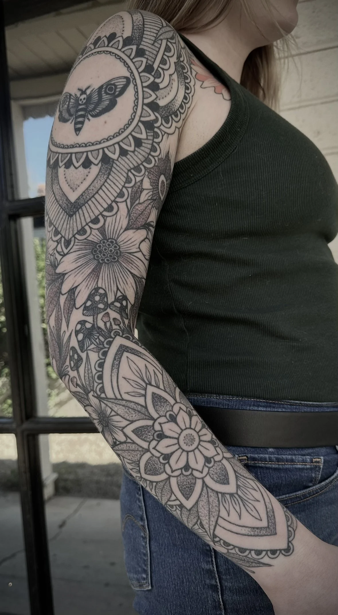 Morgan @Morgangatekeeper black and gray Ornamental Tattoo done at Dame of the West in Scottsdale, Arizona.