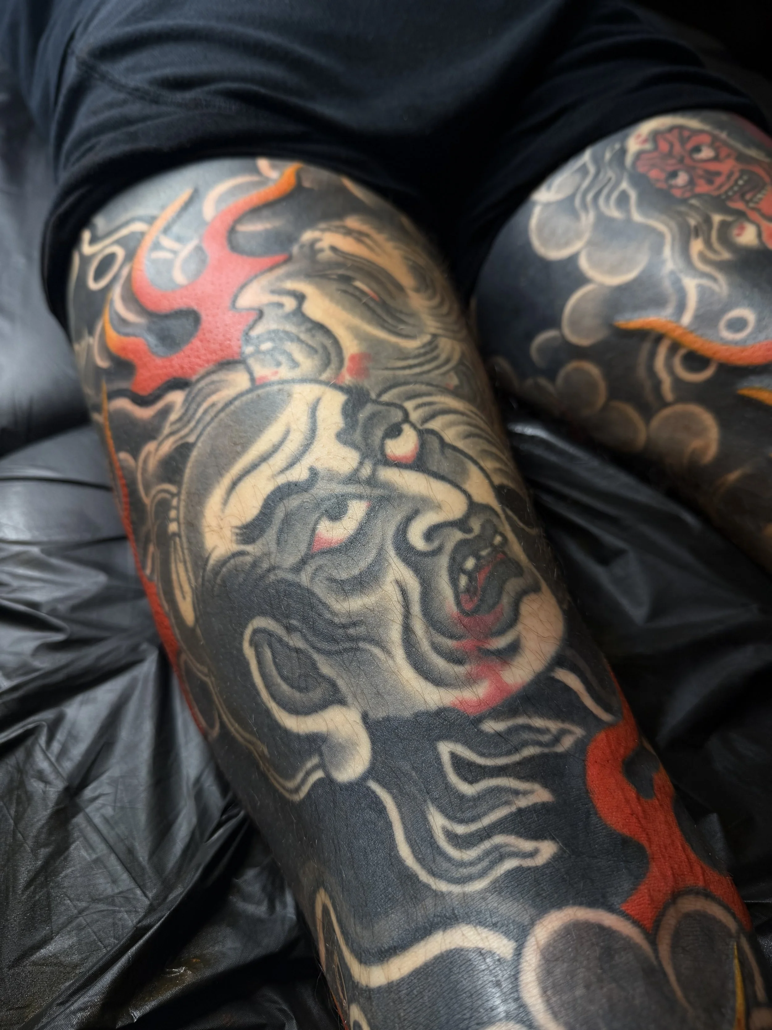 Josh Carter, @joshcartertattoo Traditional Japanese Leg Sleeve Tattoo done at Dame of the West Tattoo in Scottsdale, Arizona.