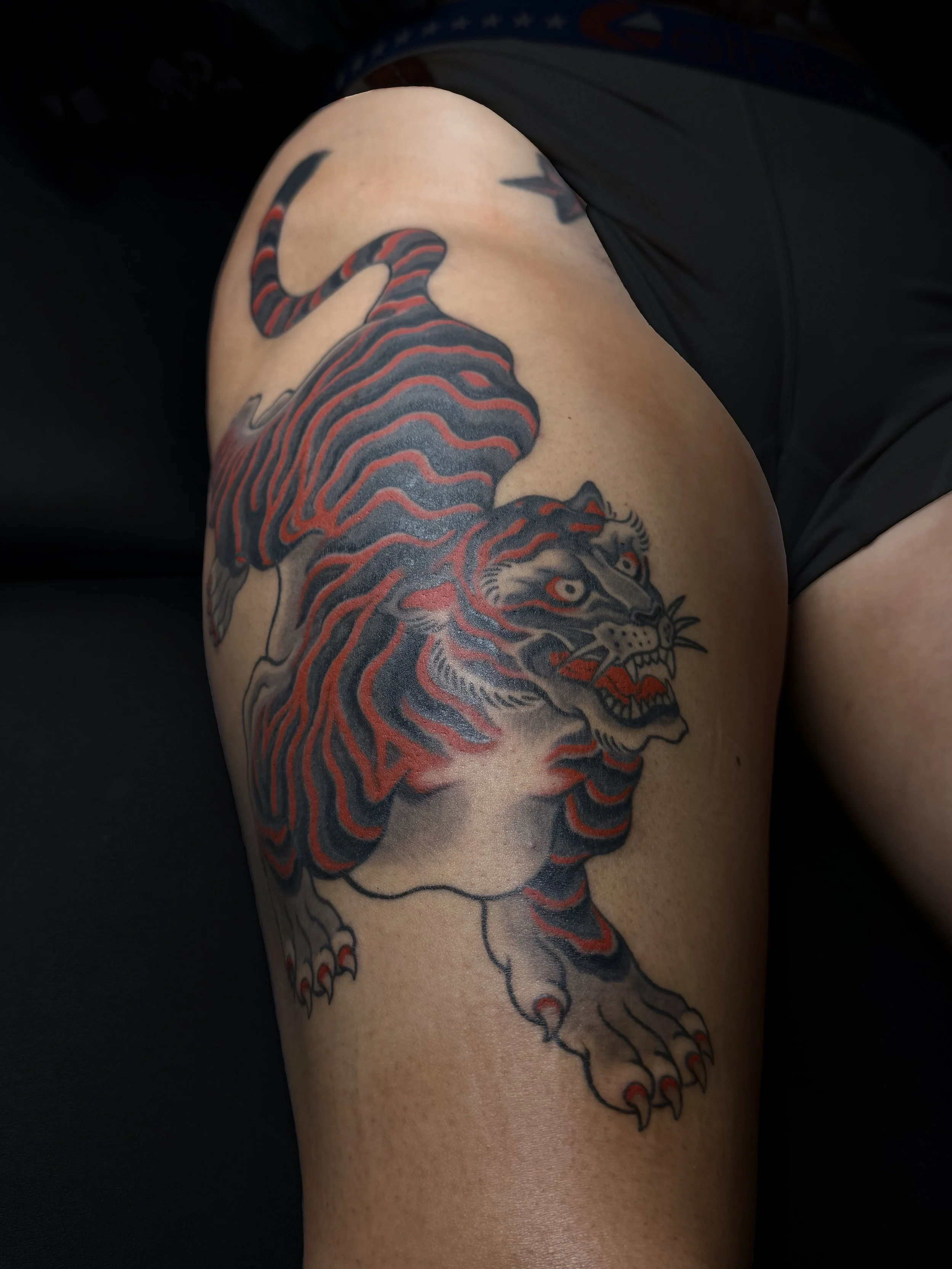 Josh Carter, @joshcartertattoo Traditional Japanese Tiger Thigh Tattoo done at Dame of the West Tattoo in Scottsdale, Arizona