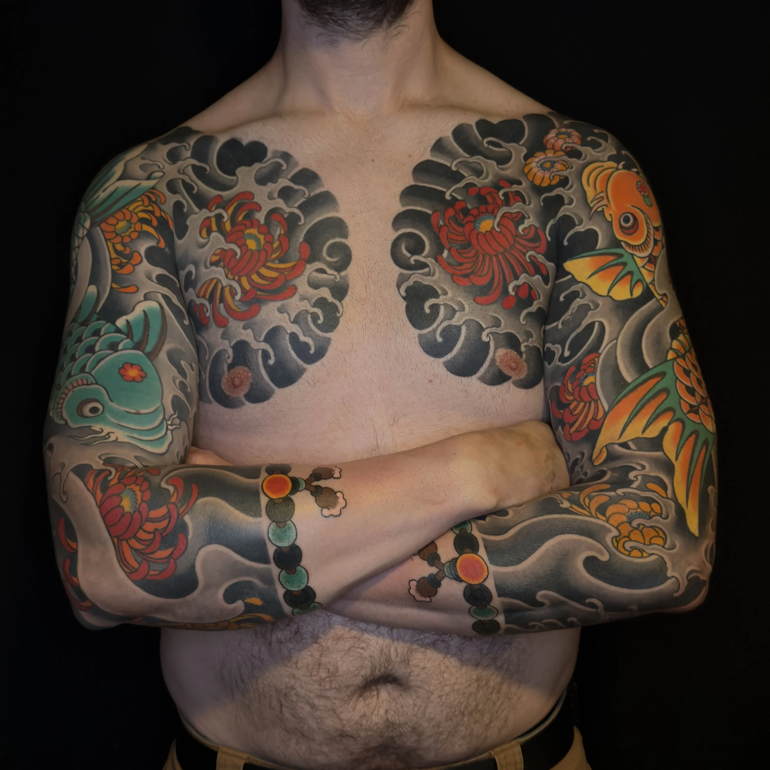 Japanese chest panels and sleeves with red chrysanthemums, koi and goldfish over black waves, Scottsdale AZ