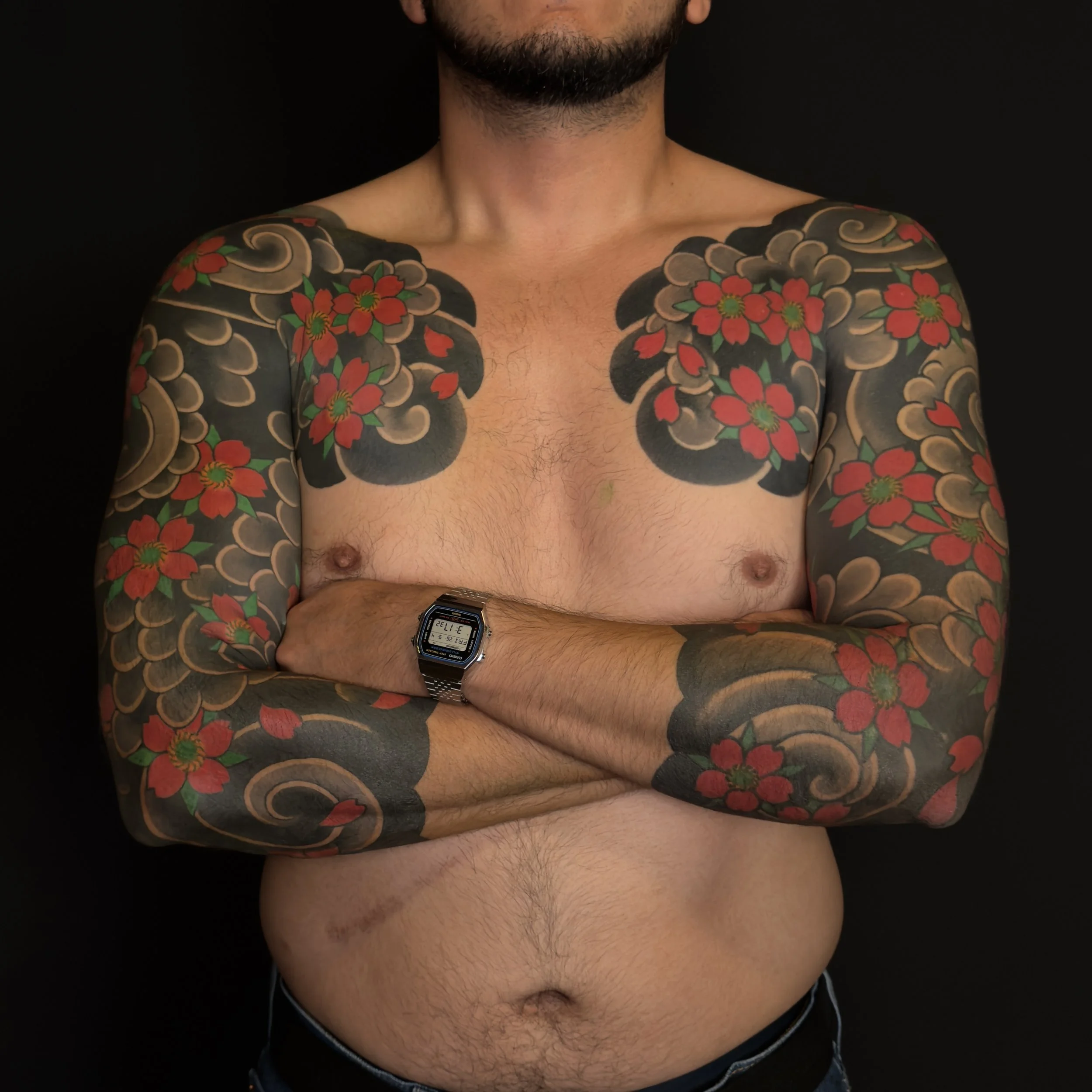 Japanese chest panels and sleeves with red cherry blossoms over black and gray clouds, Scottsdale AZ