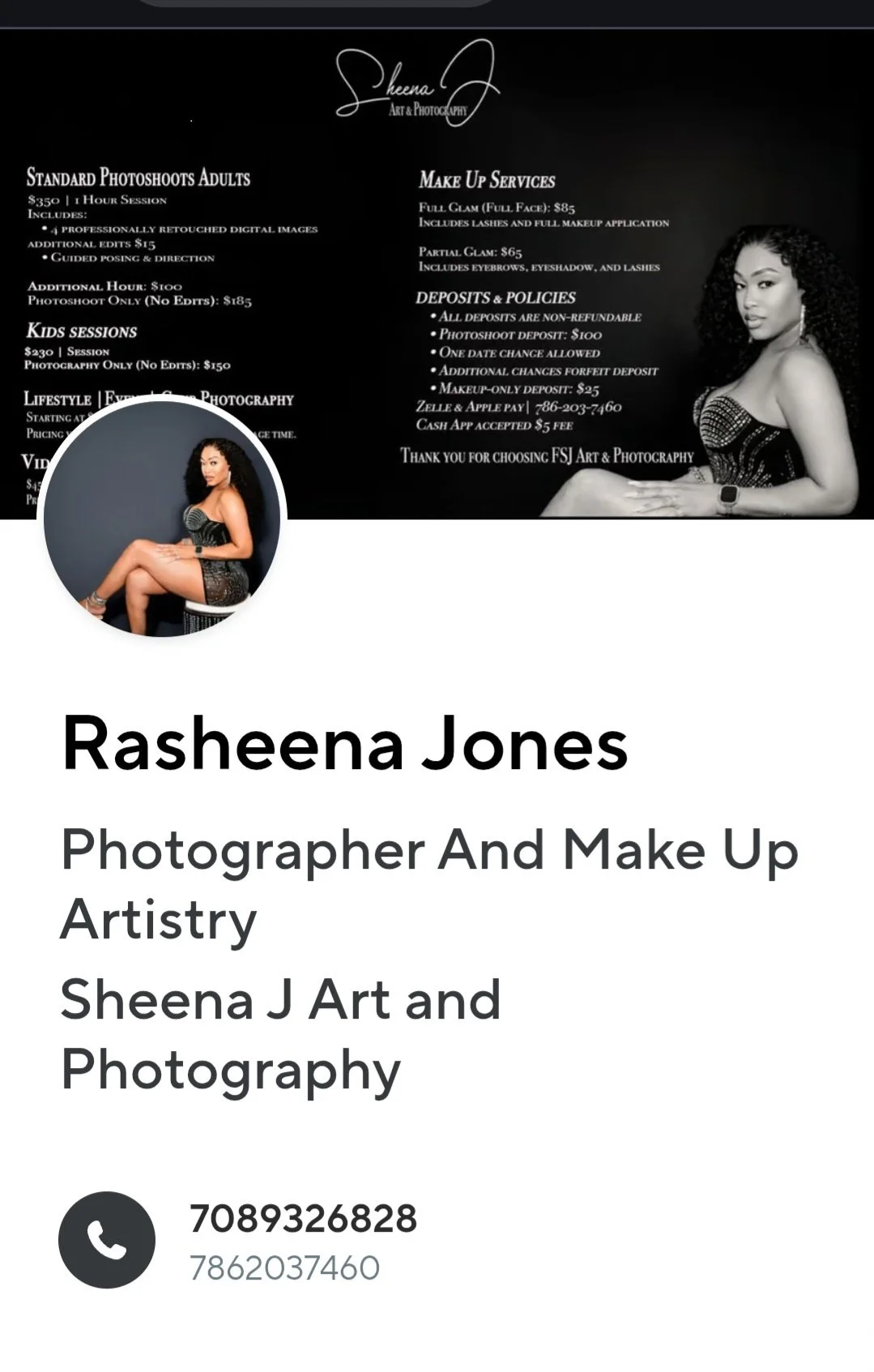 Business card for Rasheena Jones, a photographer and makeup artist. The card features her name in bold, her professions, and contact numbers. The top part of the image shows a black and white promotional flyer for Sheena J Art & Photography, listing services, prices, policies, and a photo of Rasheena Jones in a black dress.