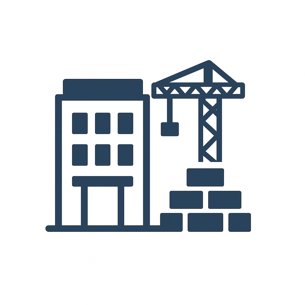 Icon of a building under construction with a crane and bricks, symbolizing commercial work.