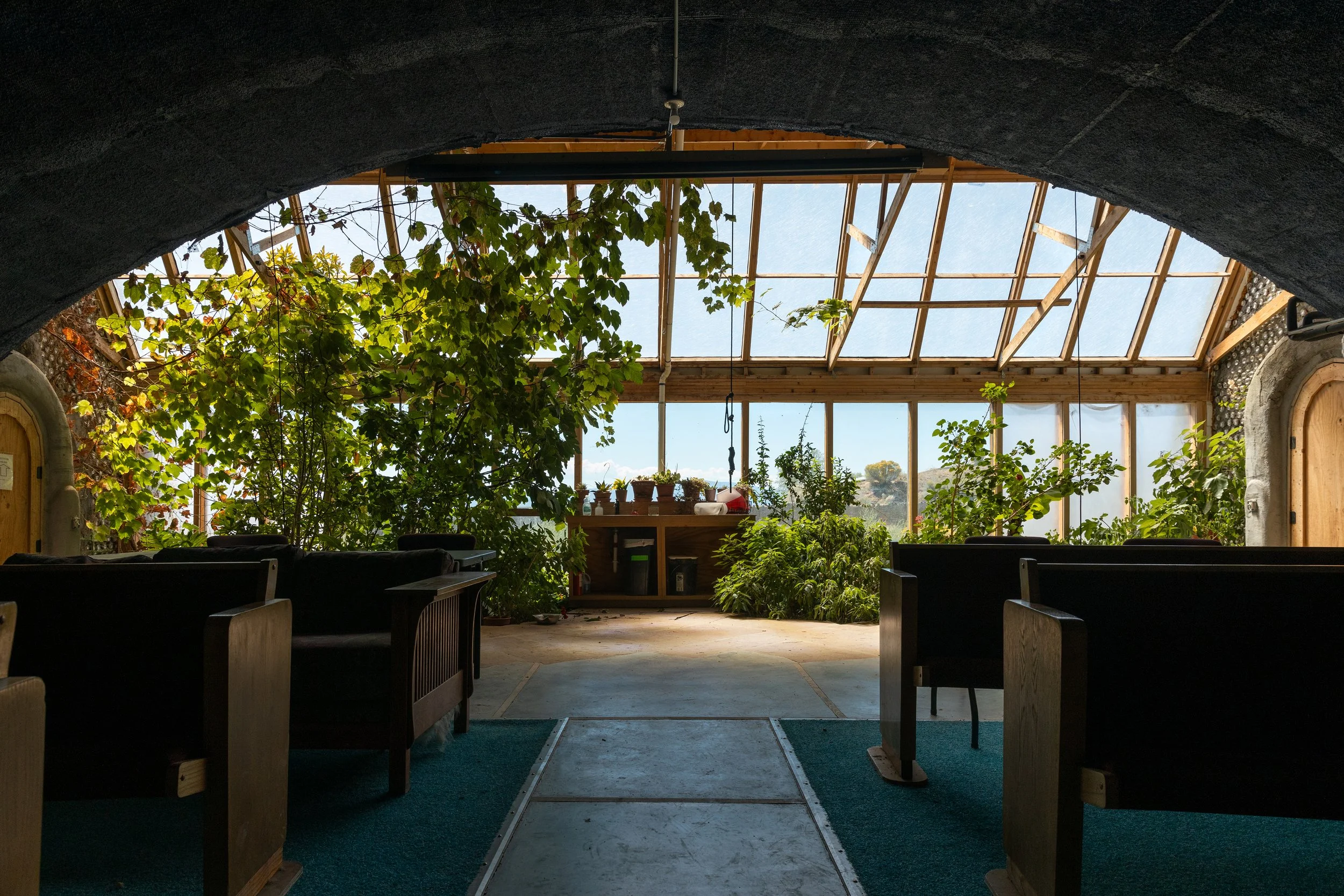 Interior of a greenhouse with wooden framing, large windows, and various green plants. There are chairs and a bench along the sides and a small table with potted plants and gardening supplies in the back.