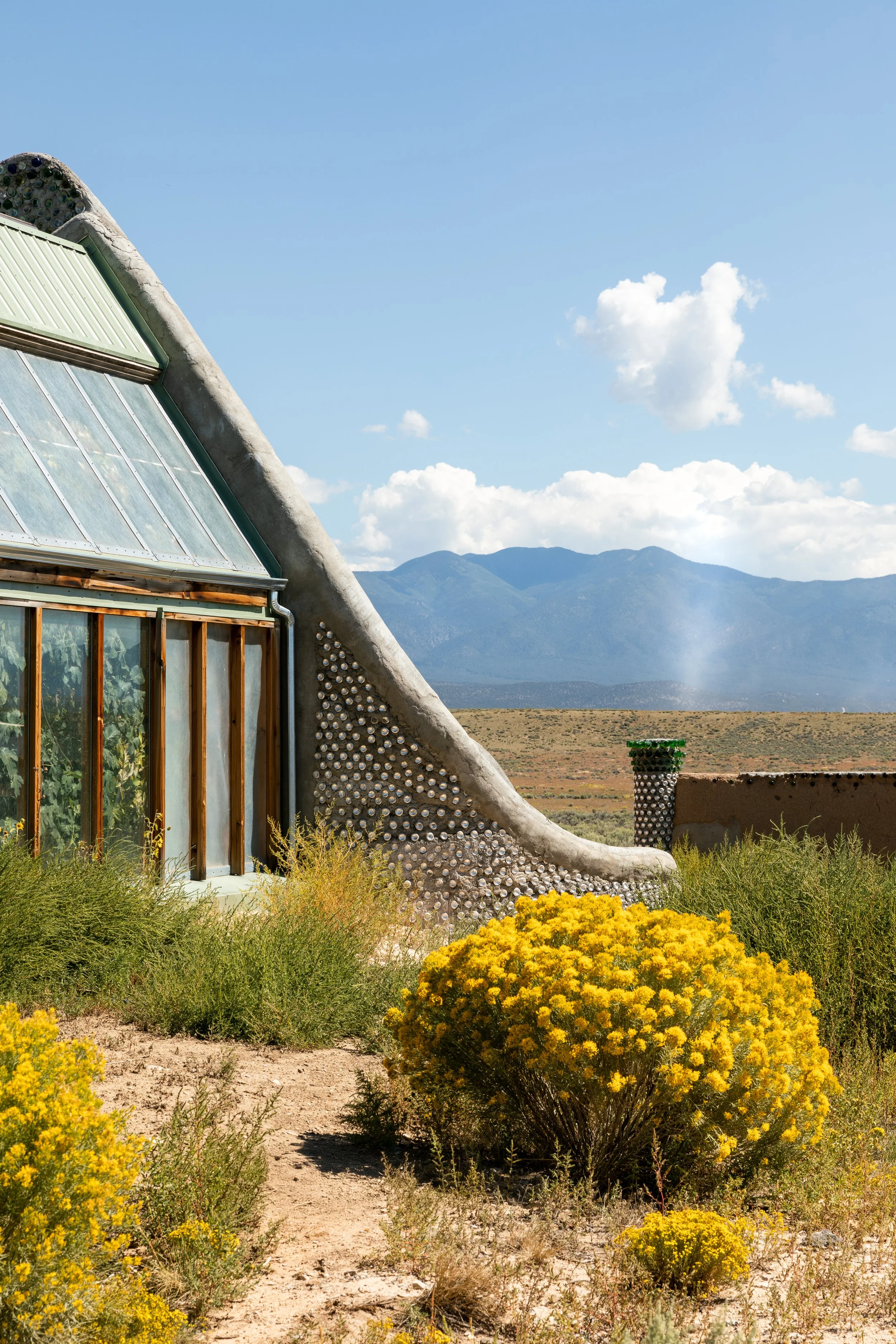 A modern ecological house with a curved concrete roof and glass walls, surrounded by desert plants and yellow flowers, with mountains and a blue sky in the background.