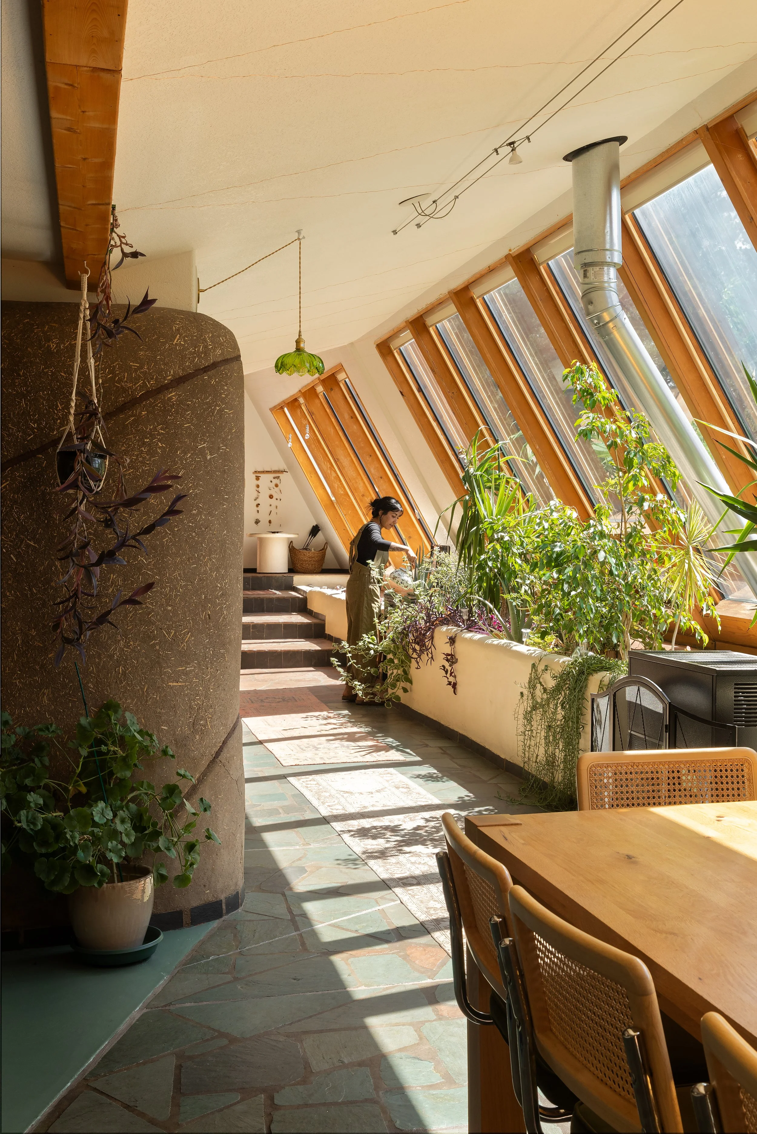 An indoor space with large slanted windows and an abundance of green plants. A person is watering plants near stairs, with sunlight streaming through the windows.