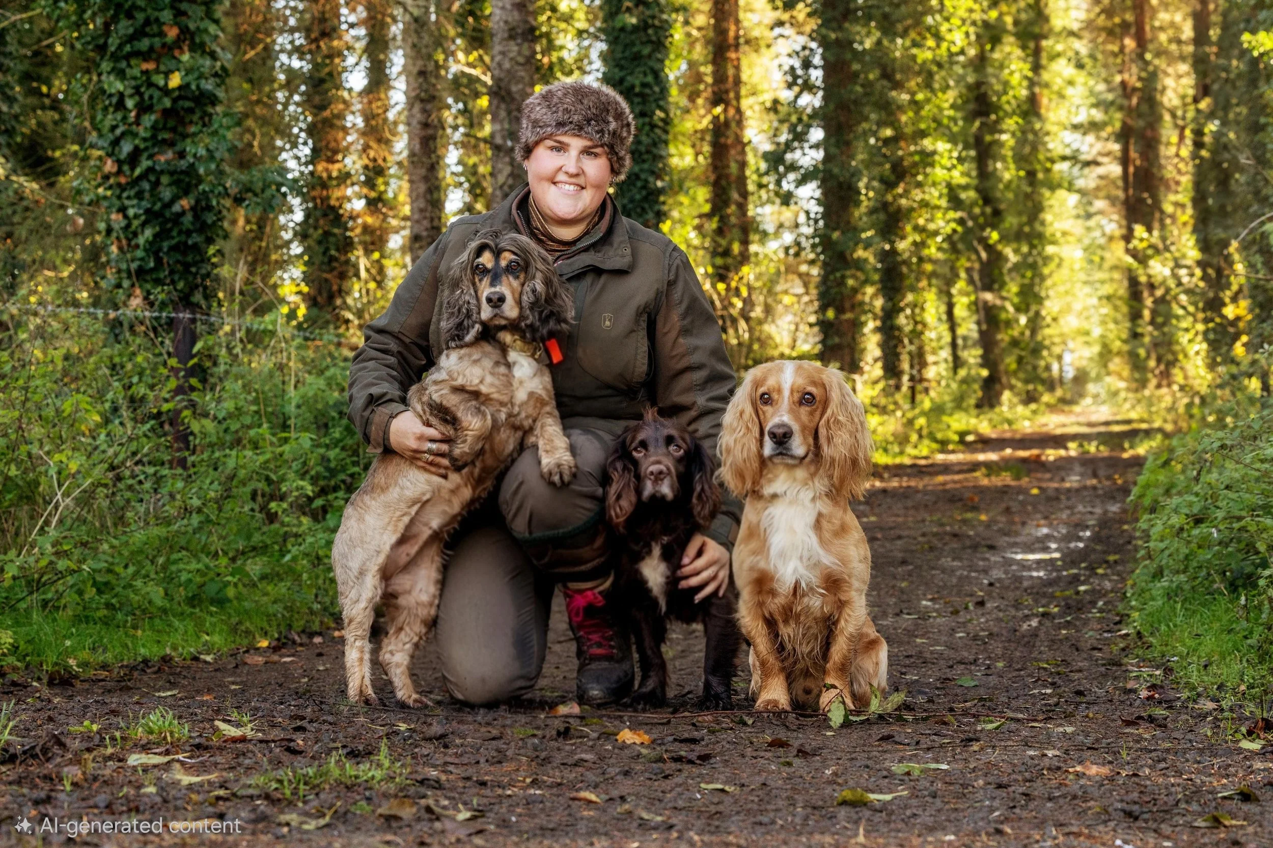 A woman kneeling on a forest trail with three dogs on a sunny day, surrounded by tall trees and green foliage.