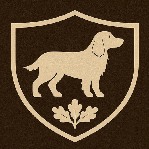 A beige illustration of a dog inside a shield-shaped emblem with a leafy plant below it, on a dark background.