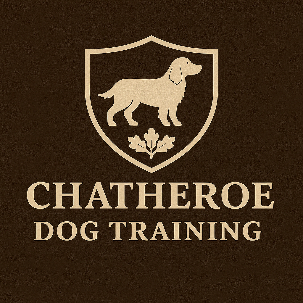 Chatheroe Dog Training logo featuring a shield with a dog silhouette and a floral design underneath, against a dark background.
