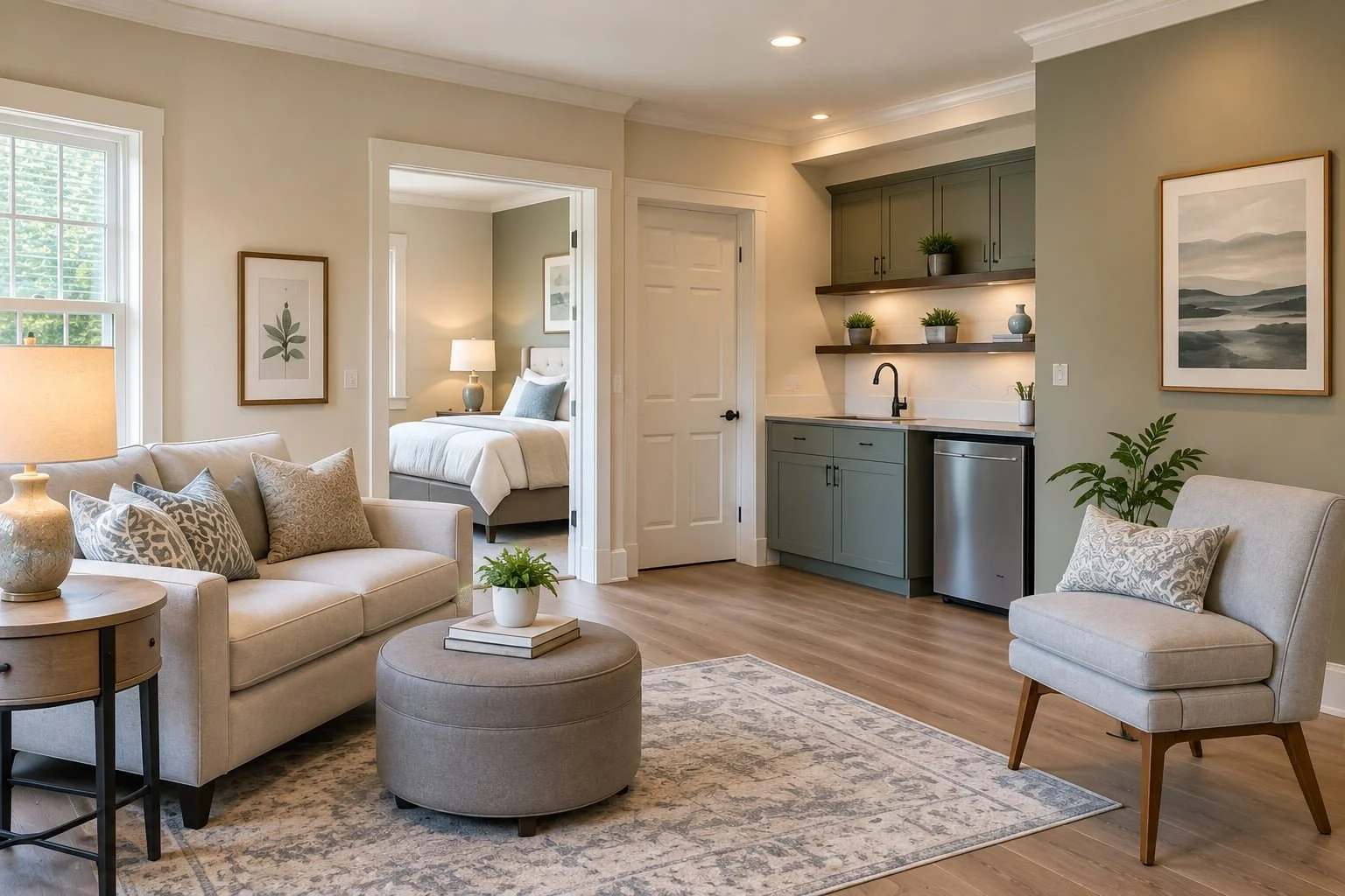 Bright in-law suite living space with a kitchenette, sitting area, and private bedroom.