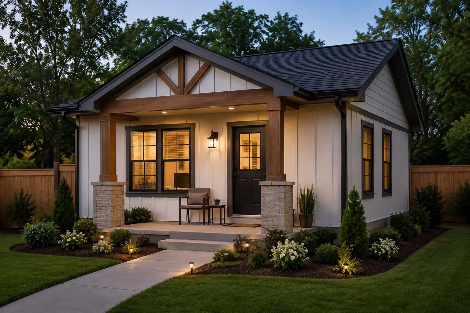 Detached mother-in-law suite with covered front porch, landscaped yard, and private entrance designed for aging parents and multigenerational living.