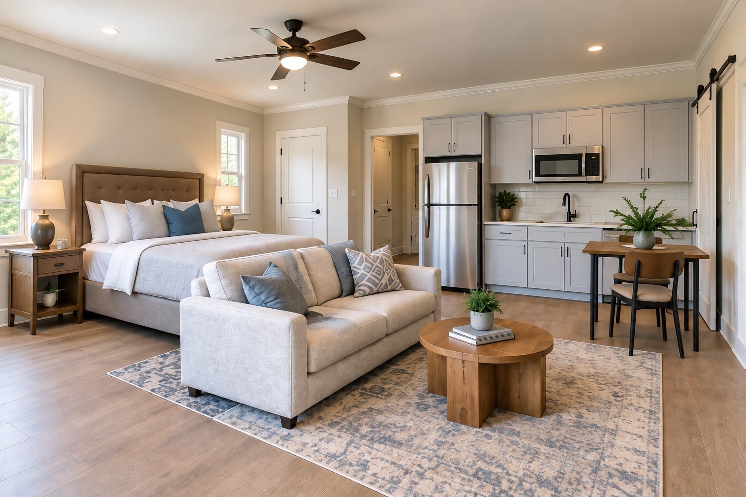 Attached in-law suite with bedroom, living area and kitchenette for a multigenerational home