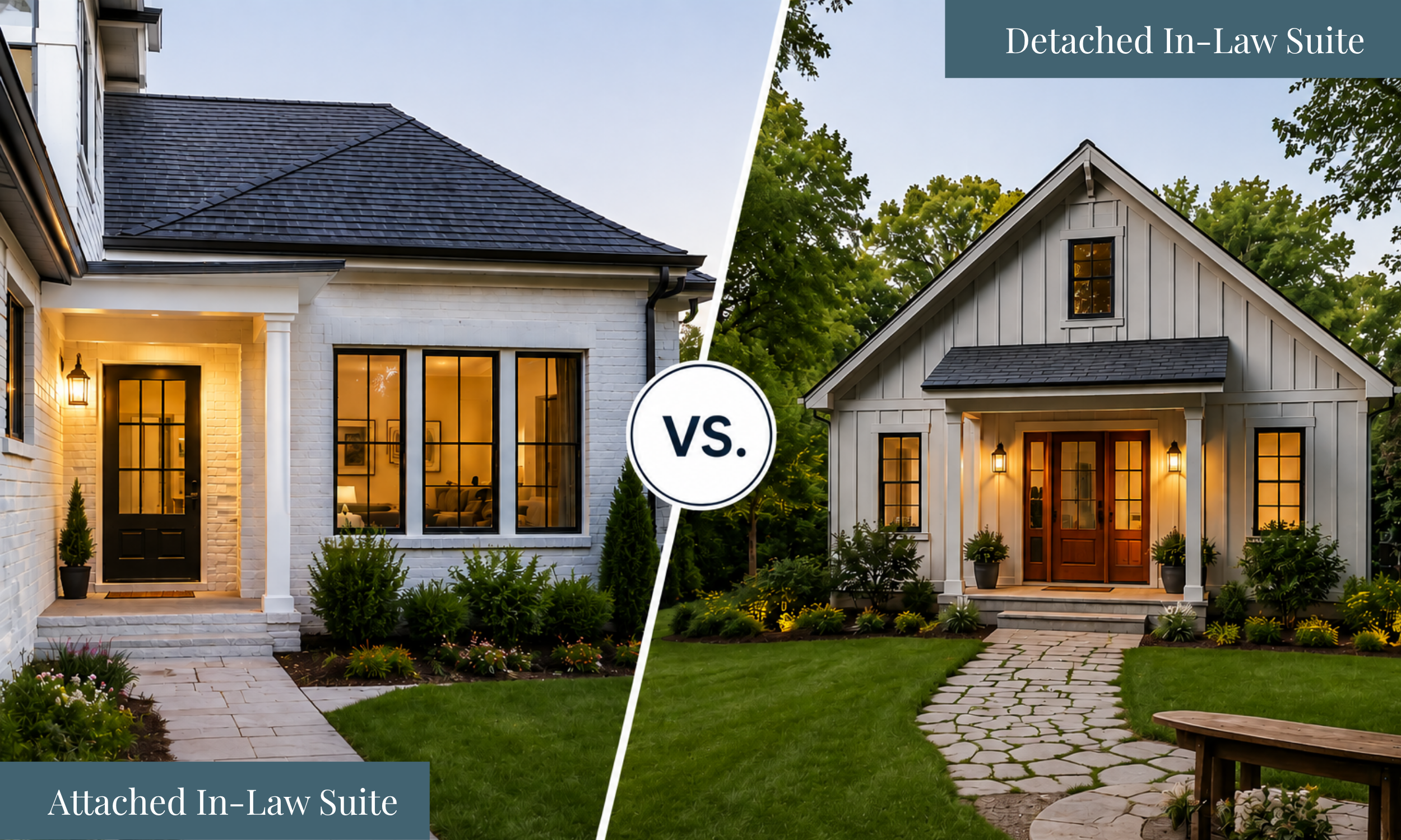 Attached home addition and detached in-law suite shown side by side for homeowners comparing in-law suite options.