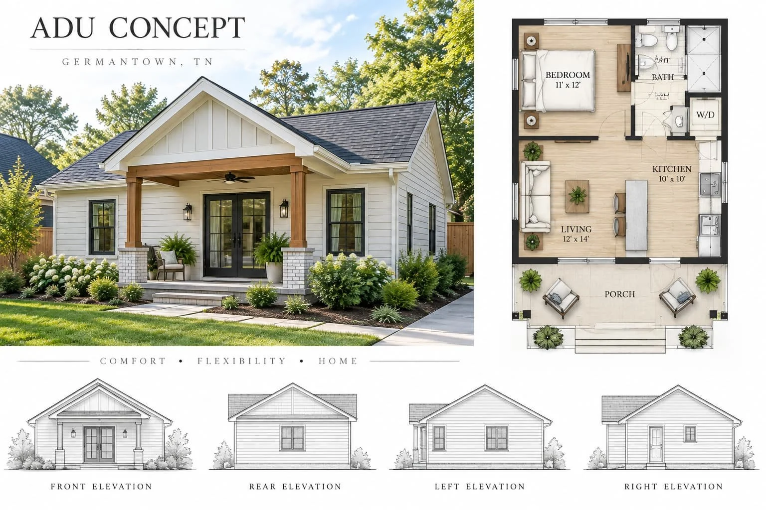 ADU concept plan with floor plan and exterior elevations for a Germantown property