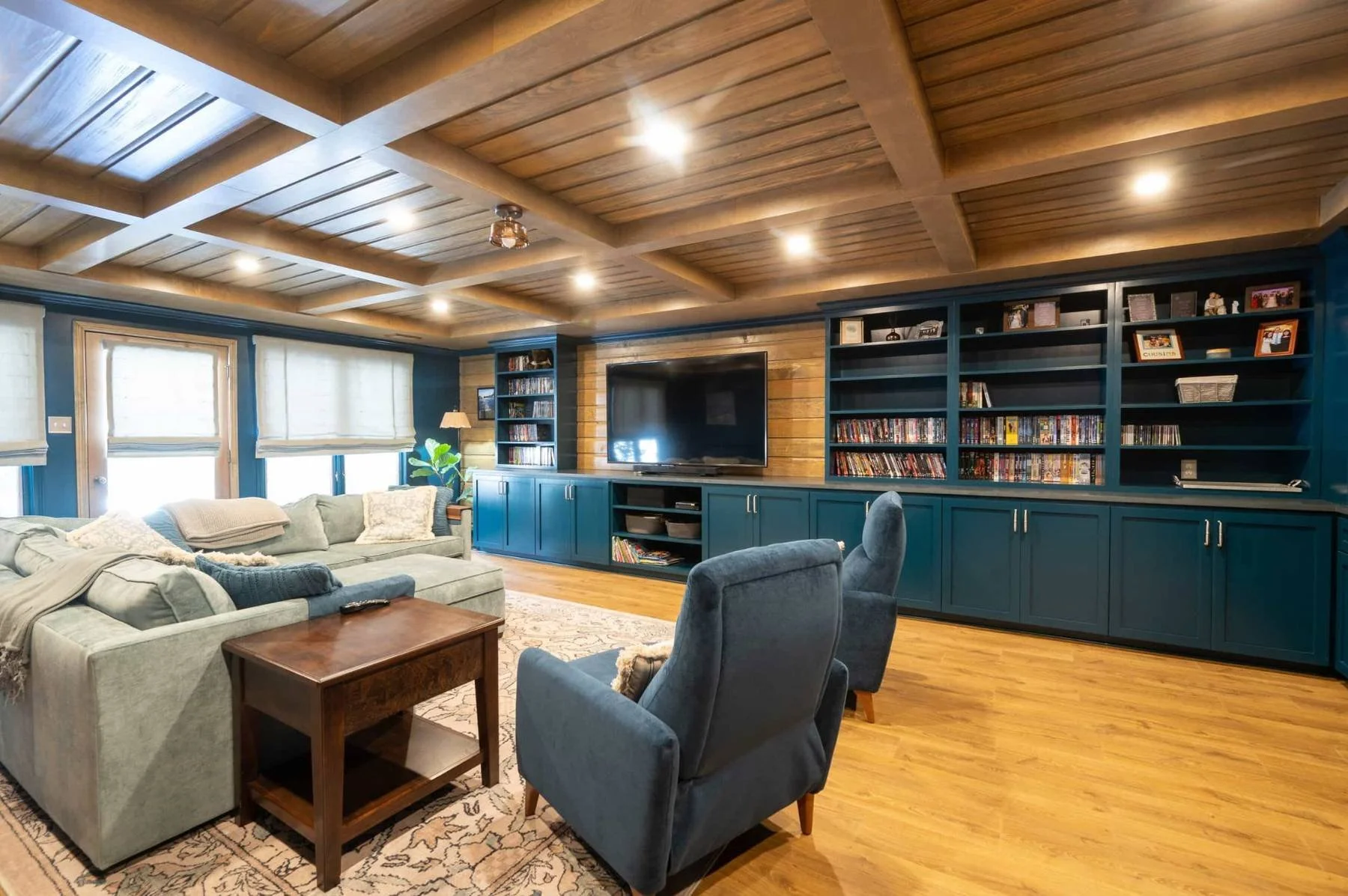 Timber Beam & Blue Basement Bar Home Addition | Germantown, TN