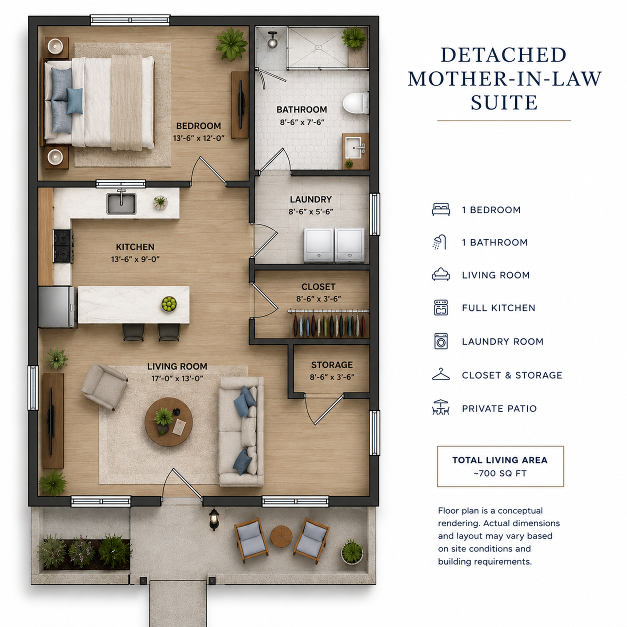 Floor plan rendering of a detached mother-in-law suite featuring a bedroom, bathroom, kitchen, living room, laundry area, and private patio.
