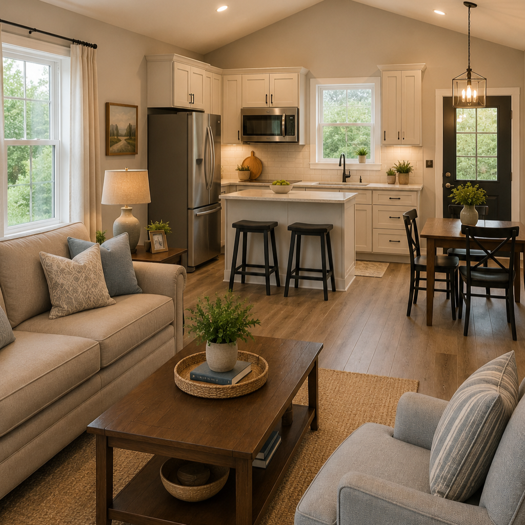 Open-concept living room and kitchen inside a detached mother-in-law suite with accessible design features, modern cabinetry, and comfortable seating.