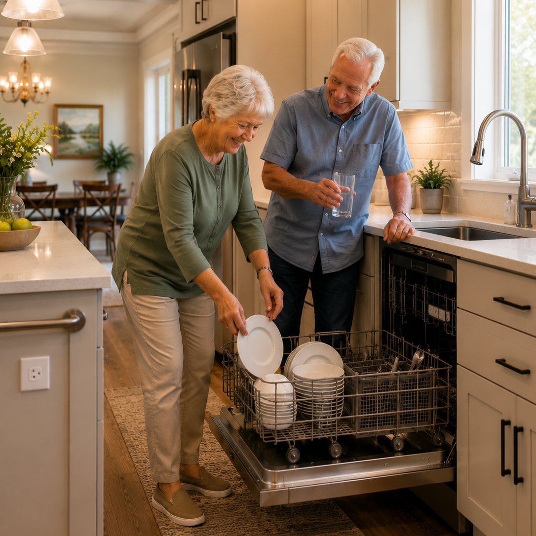 Older couple cooking together in a universal design kitchen with accessible storage, pull-out shelves, and a spacious open layout.