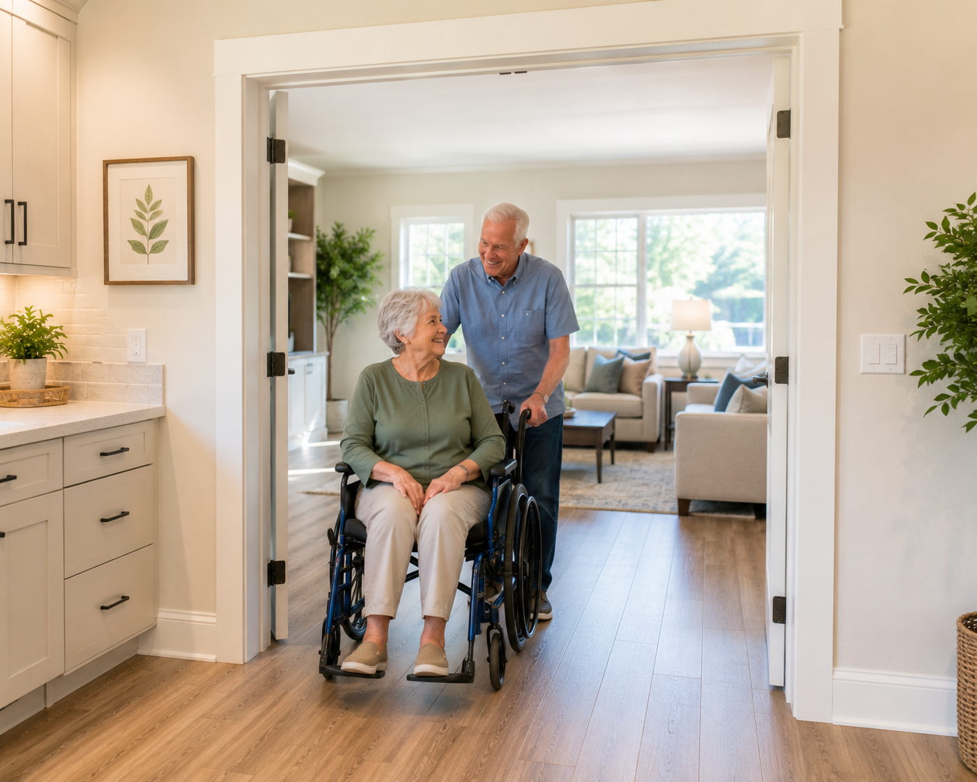 Accessible home interior with extra-wide doorways allowing easy movement between rooms for aging-in-place and universal design living.