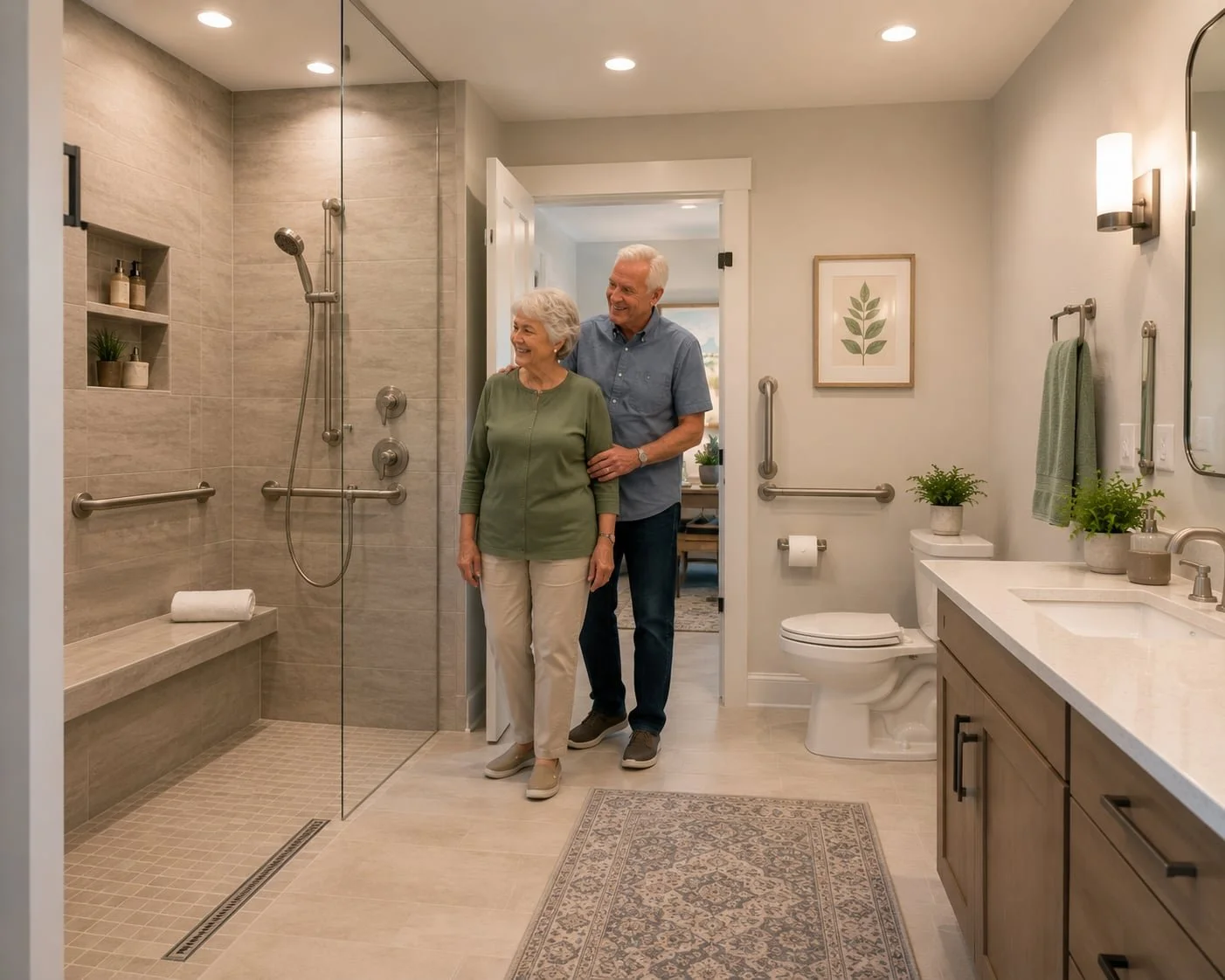 Luxury aging-in-place bathroom with a curbless walk-in shower, built-in bench, grab bars, comfort-height toilet, and improved lighting.