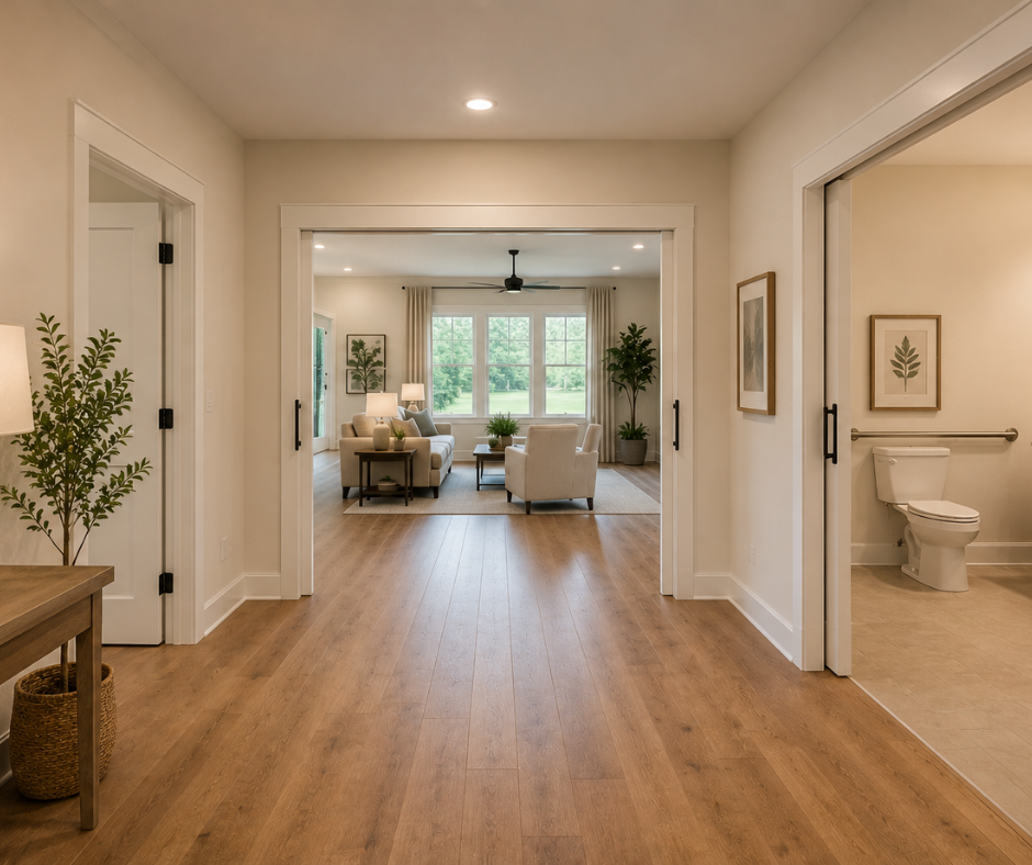 Aging-in-place home interior with wide hallways and doorways designed to improve accessibility and mobility.