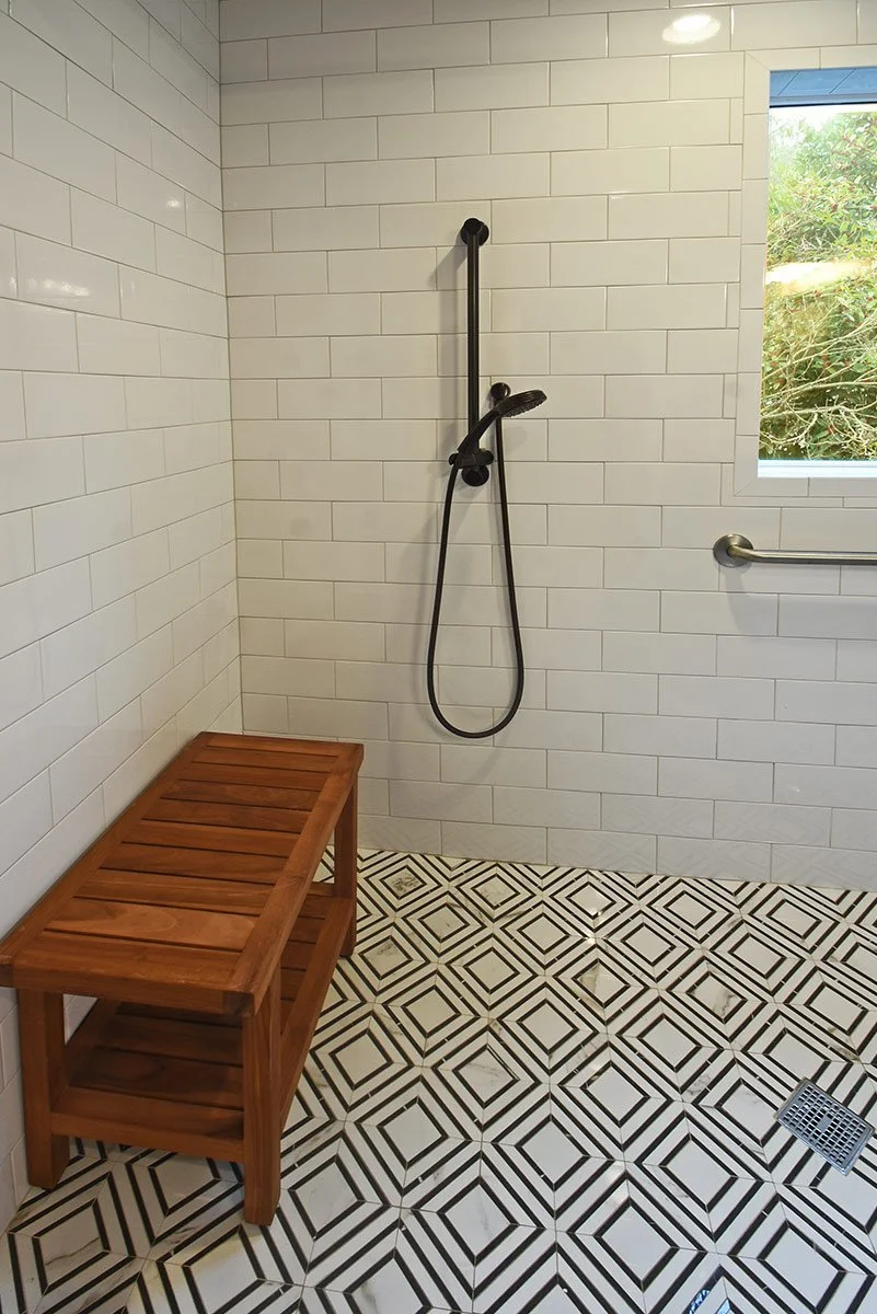 Teak Shower Bench and Handheld Shower Fixture