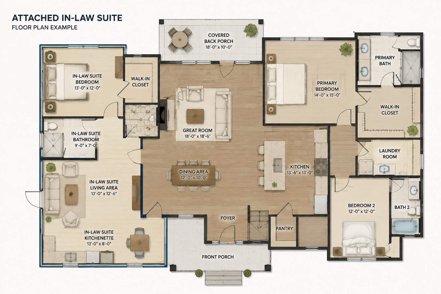 Attached in-law suite floor plan with a bedroom, accessible bathroom, living area, kitchenette and connection to the main home.