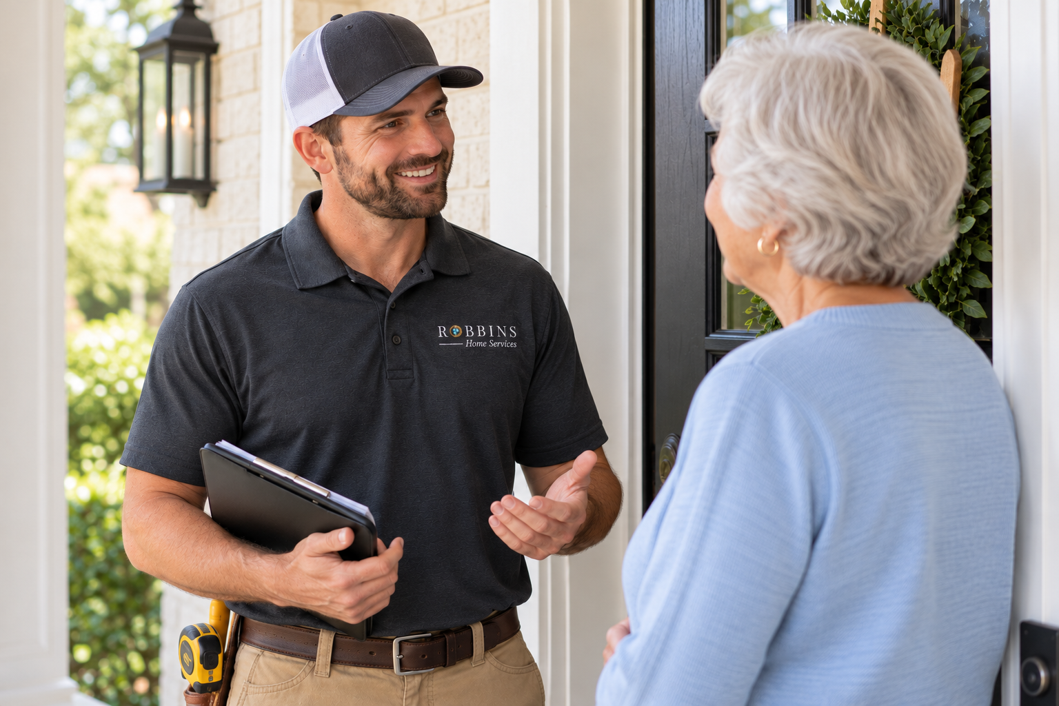 Robbins Construction Home Services professional speaking with an elderly homeowner at her front door about home maintenance, minor repairs, and safety improvements.
