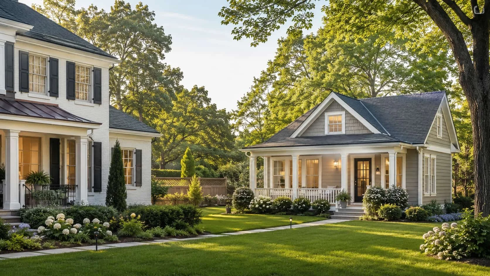 Rendering of a detached accessory dwelling unit beside a traditional home in a landscaped Germantown-area backyard.