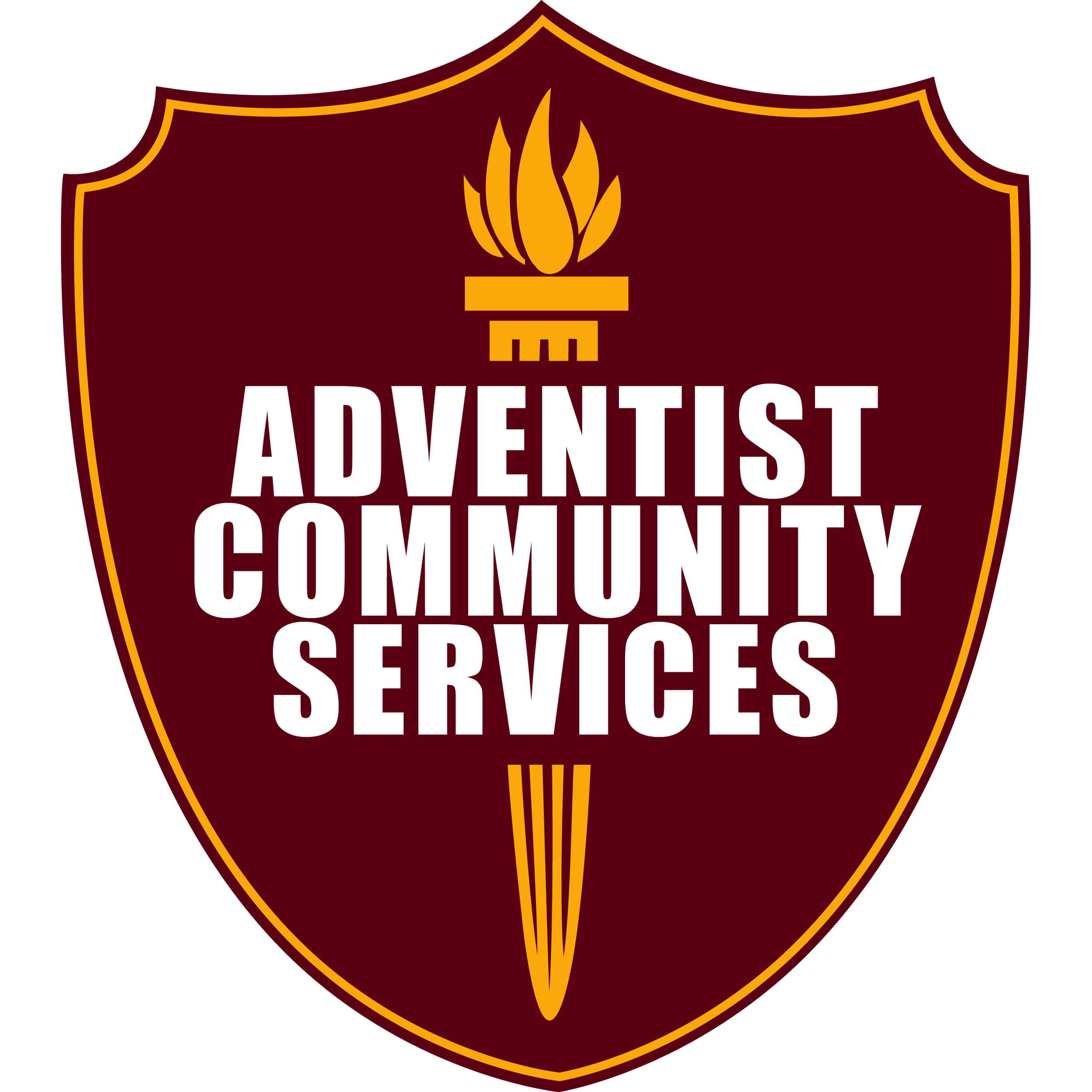 A shield-shaped emblem with a maroon background, gold border, and gold torch with flames at the top. Text reads "Adventist Community Services" in bold white letters.
