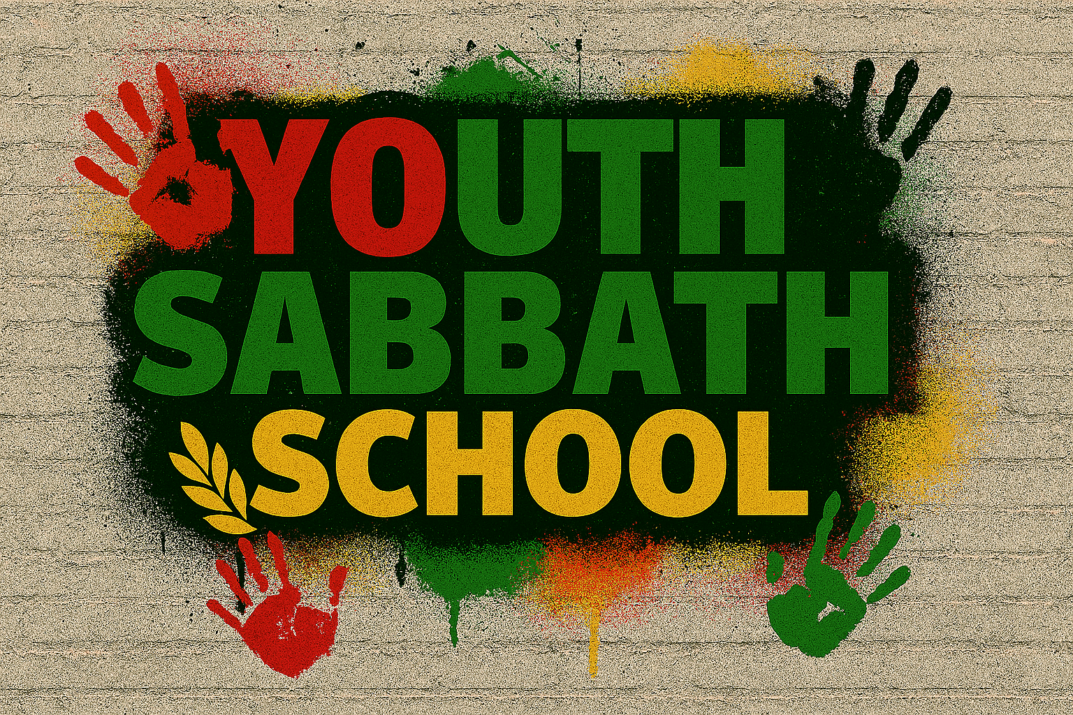 Graffiti-style artwork with the text "YOUTH SABBATH SCHOOL" in bold red, green, and yellow letters on a spray-painted black background, with red and green handprints and a gold leaf detail.