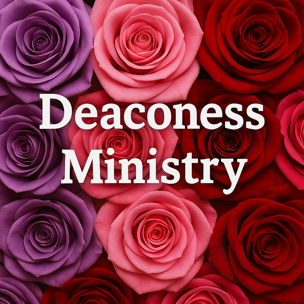 A background of purple, pink, and red roses with the words 'Deaconess Ministry' in white text in the center.