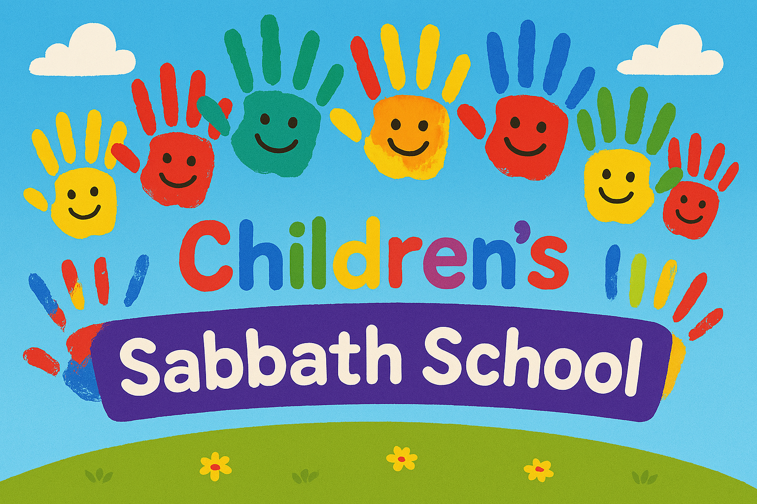 Colorful drawing with smiling children's handprints and a sign reading 'Children's Sabbath School' against a blue sky background with clouds and a green grassy hill with small flowers.